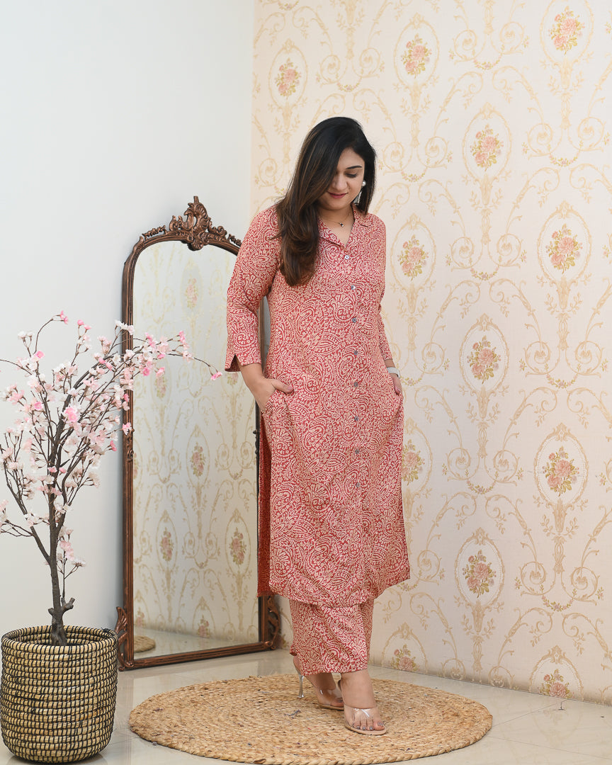 Red Kalamkari Casual Rayon Coord Set