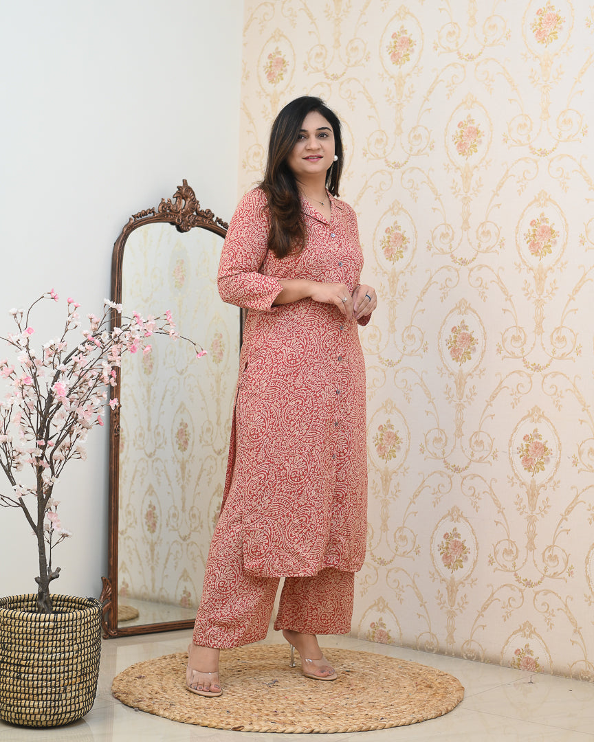 Red Kalamkari Casual Rayon Coord Set