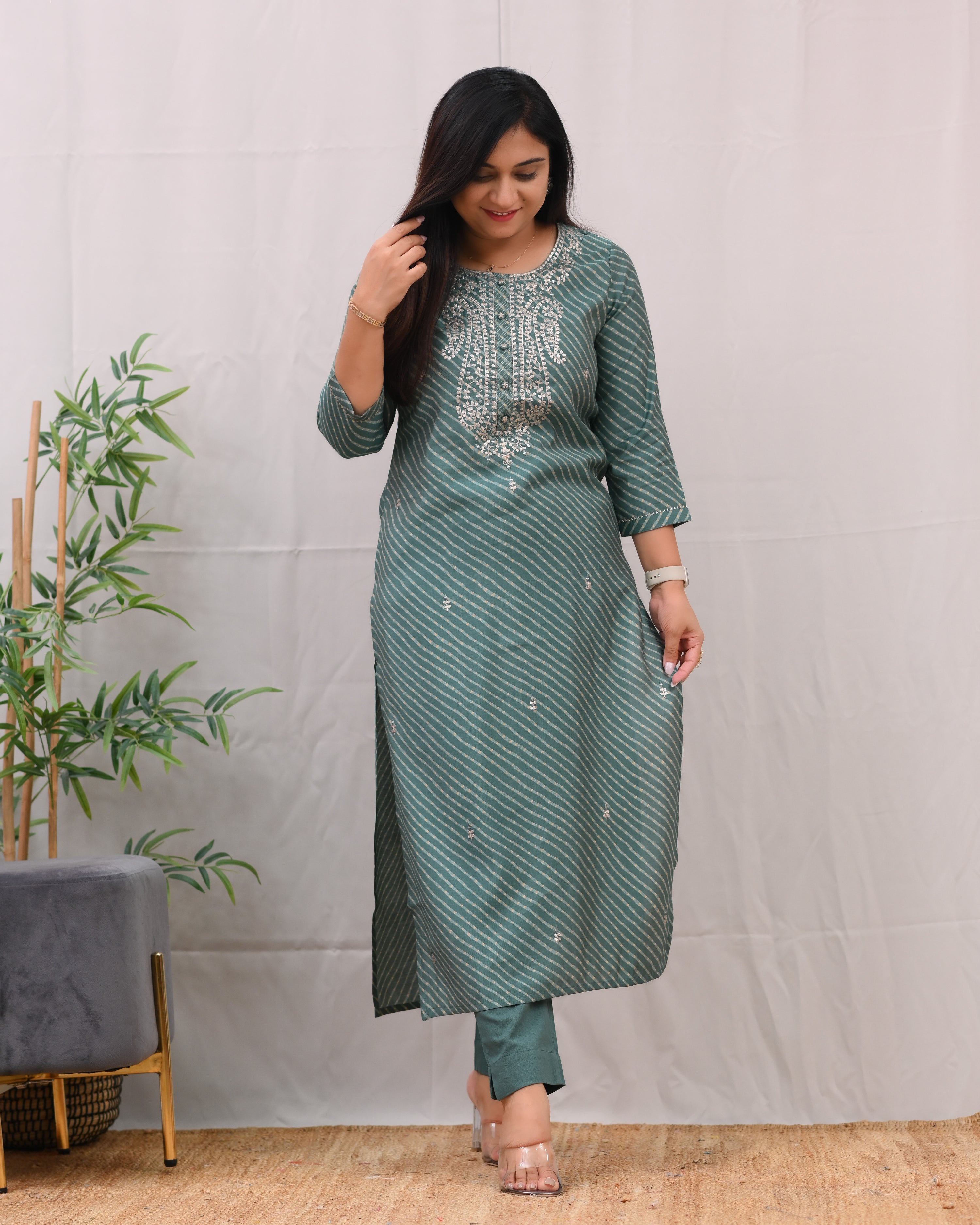 Ashika Muslin Leheriya Embroidered Pant Set