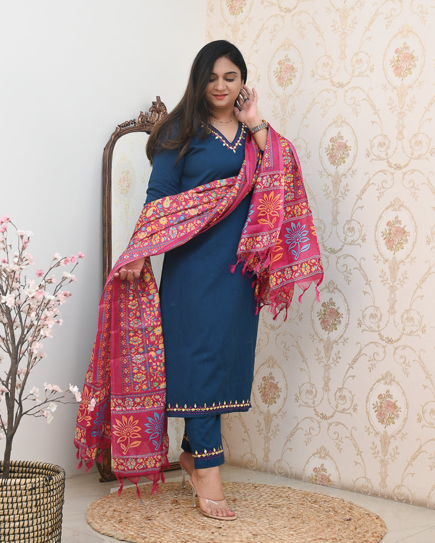 Neelima Blue Cotton Embroidered Pant Set