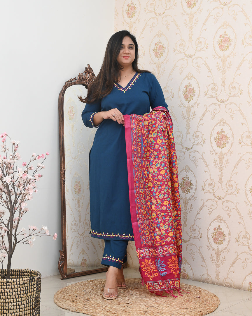 Neelima Blue Cotton Embroidered Pant Set