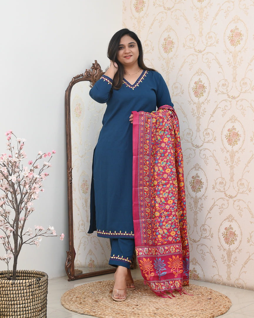 Neelima Blue Cotton Embroidered Pant Set