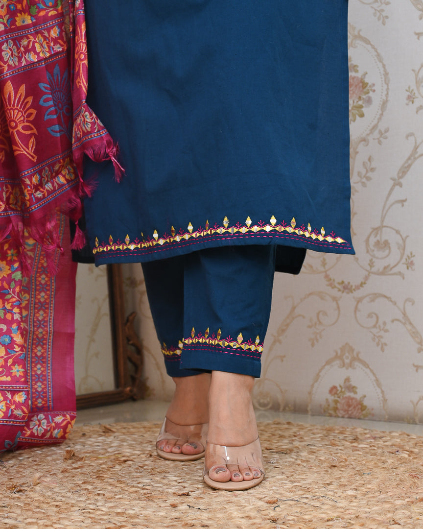 Neelima Blue Cotton Embroidered Pant Set