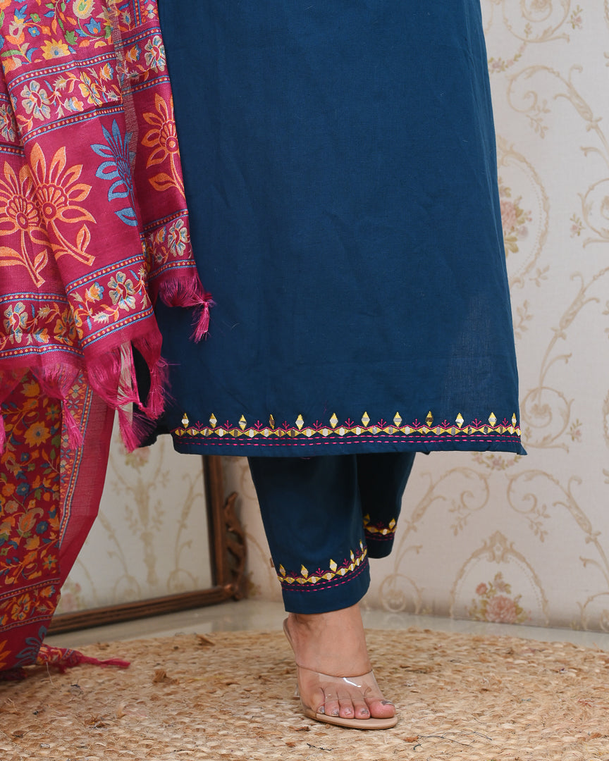 Neelima Blue Cotton Embroidered Pant Set