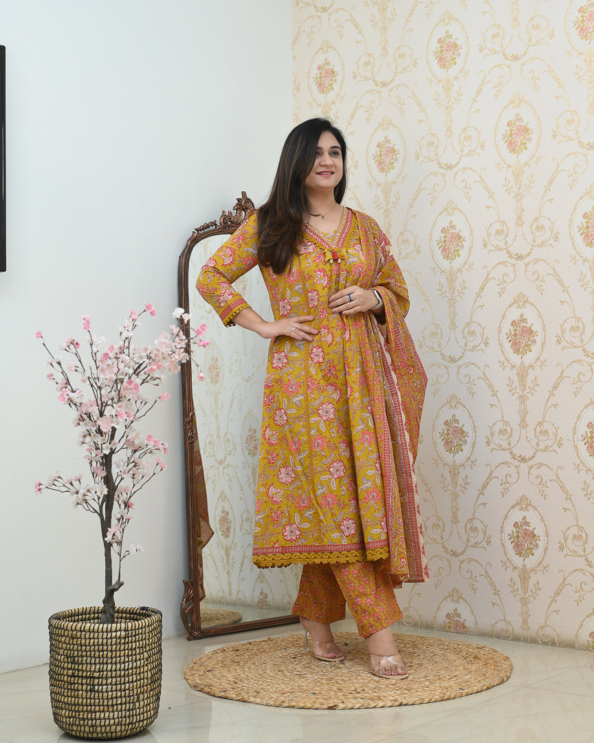 Rabia A-line Cotton Embroidered casual Pant Set