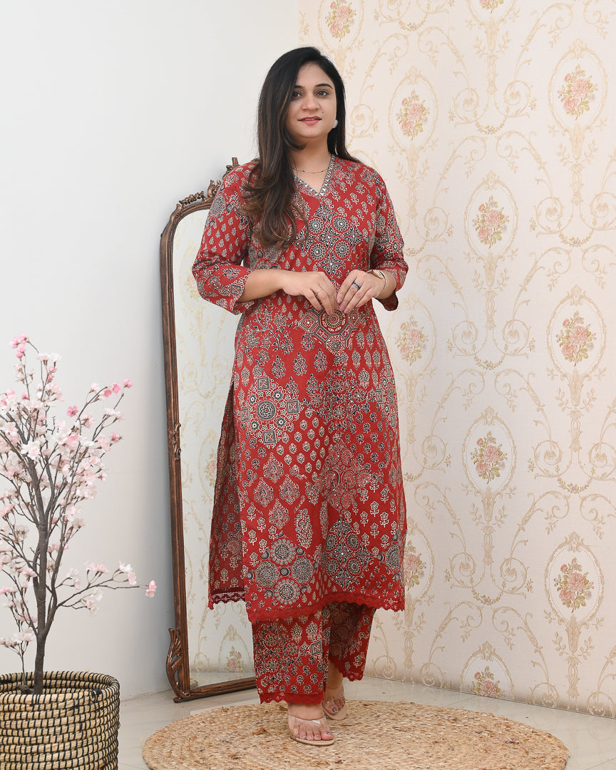 Ajrakh Embroidered Cotton Coord Set