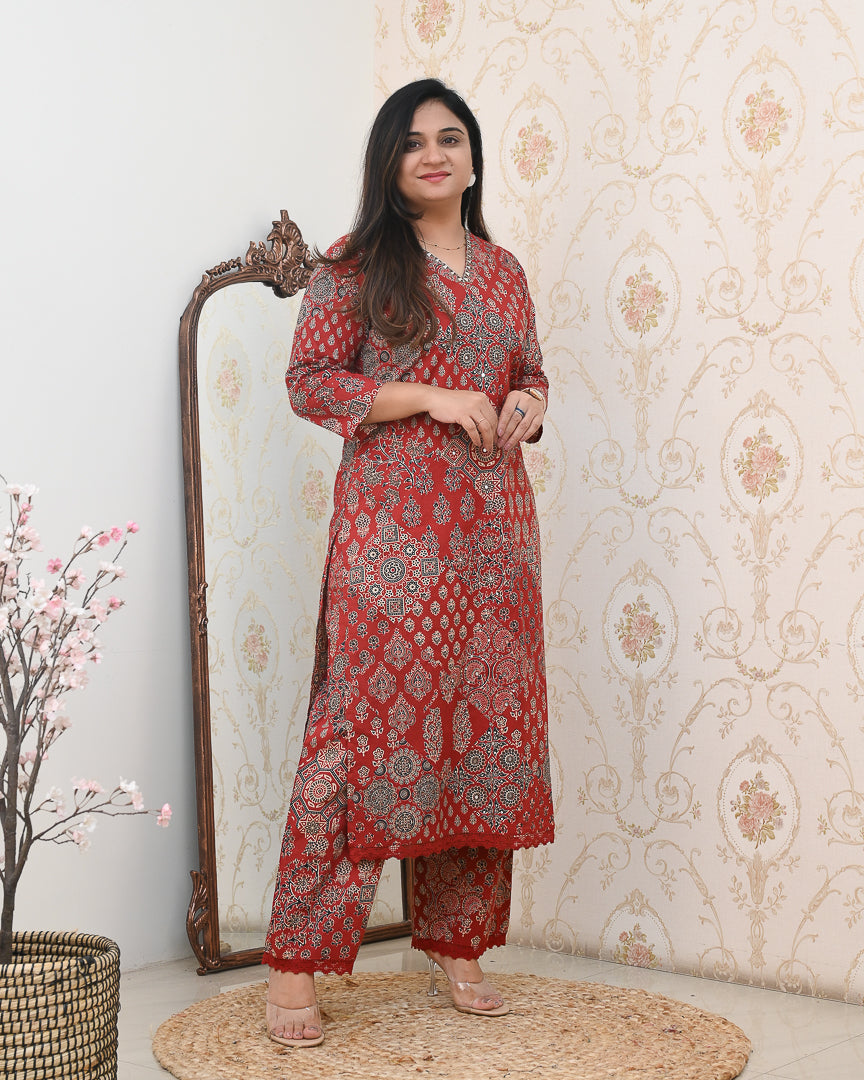 Ajrakh Embroidered Cotton Coord Set