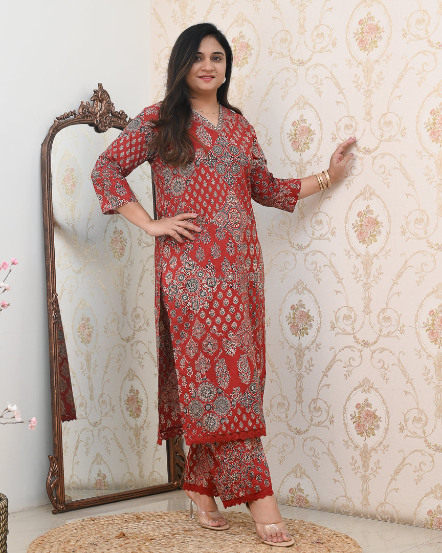 Ajrakh Embroidered Cotton Coord Set