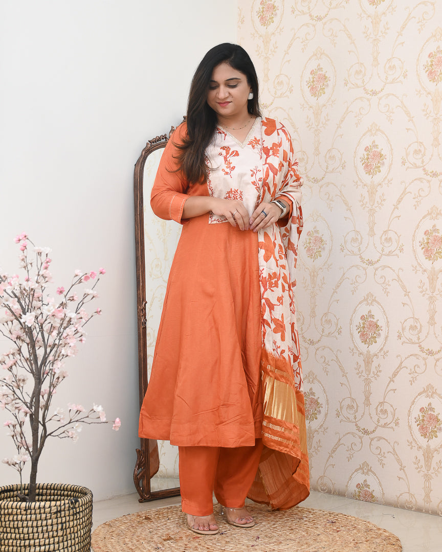 Rust Orange Silk HandEmbroidered Anarkali Set