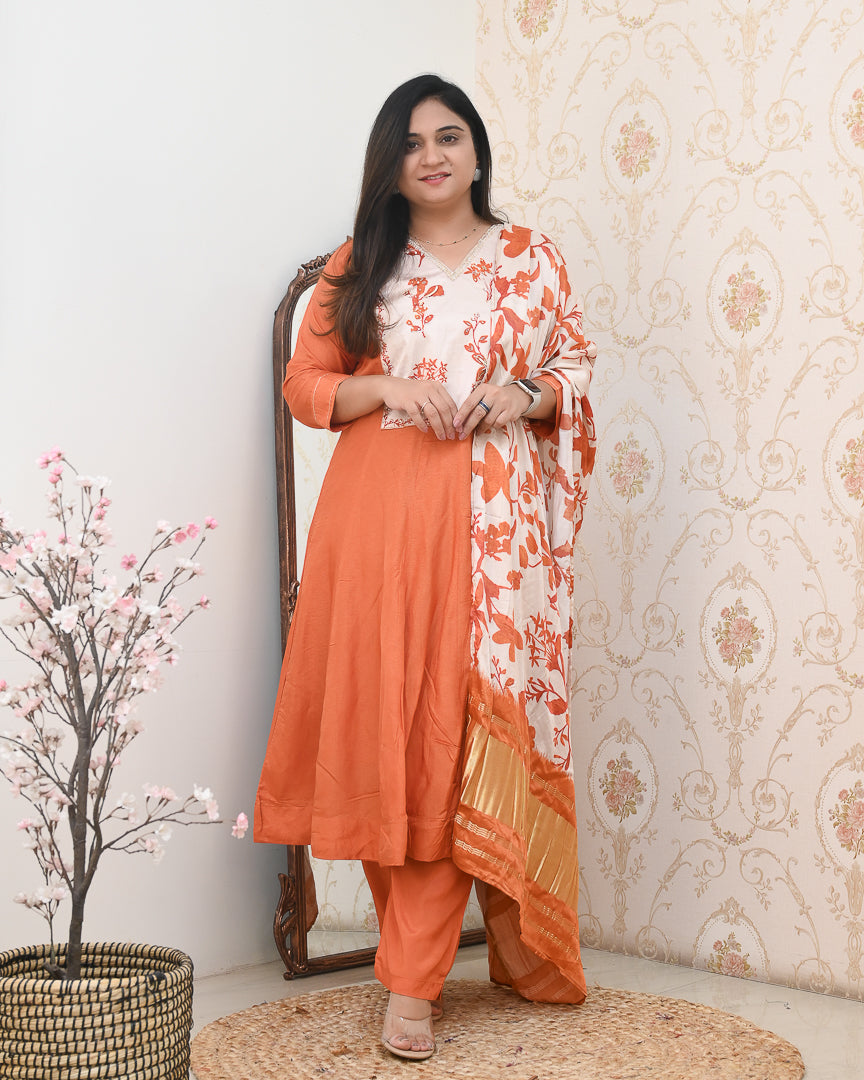 Rust Orange Silk HandEmbroidered Anarkali Set