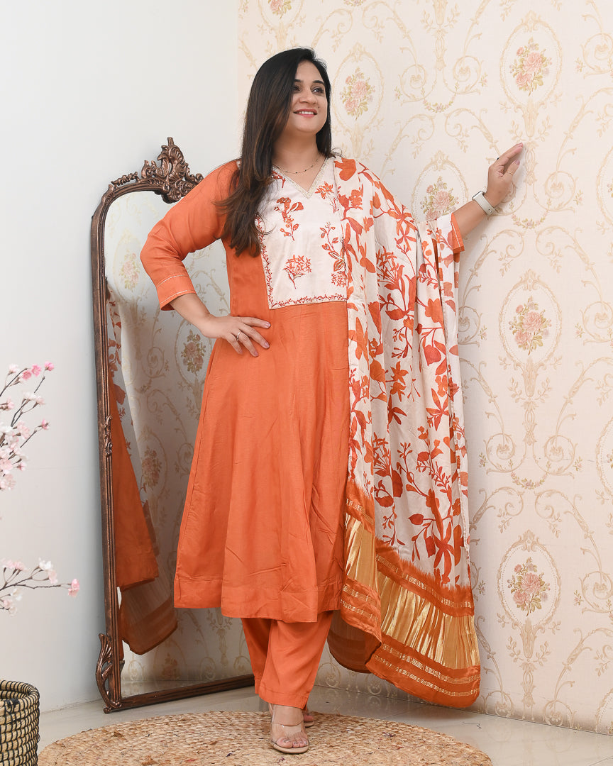 Rust Orange Silk HandEmbroidered Anarkali Set