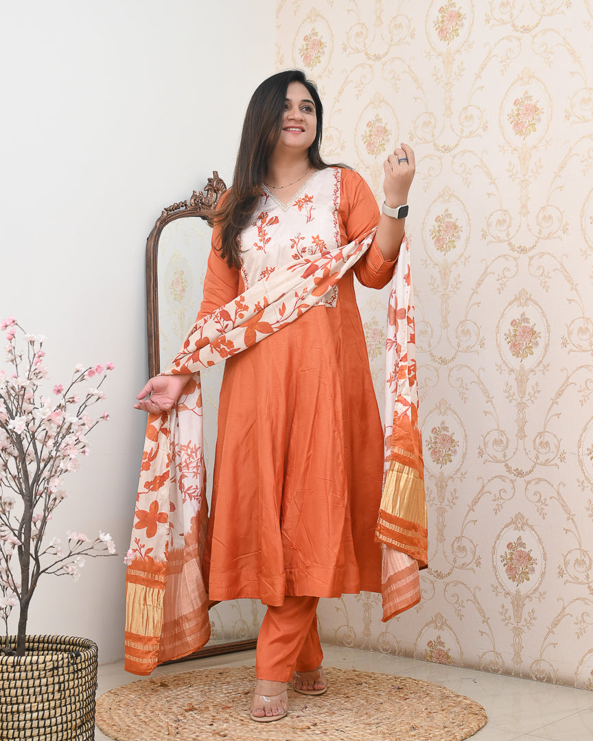 Rust Orange Silk HandEmbroidered Anarkali Set