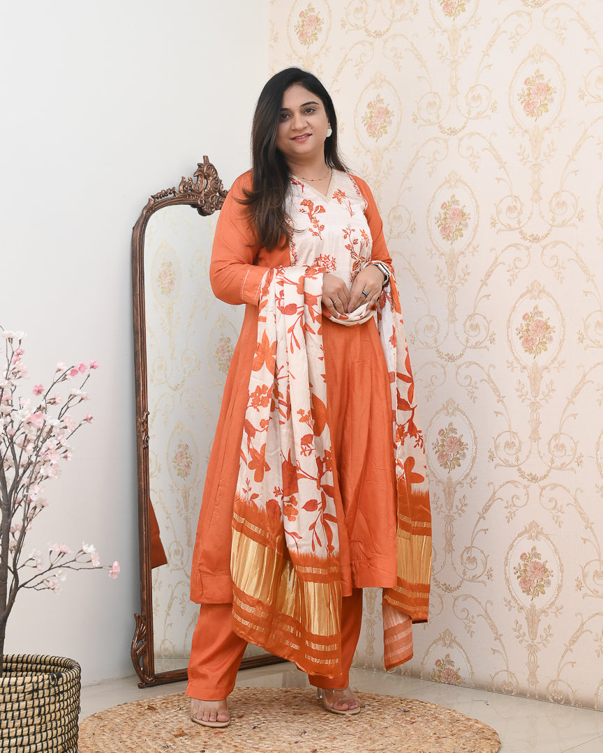 Rust Orange Silk HandEmbroidered Anarkali Set