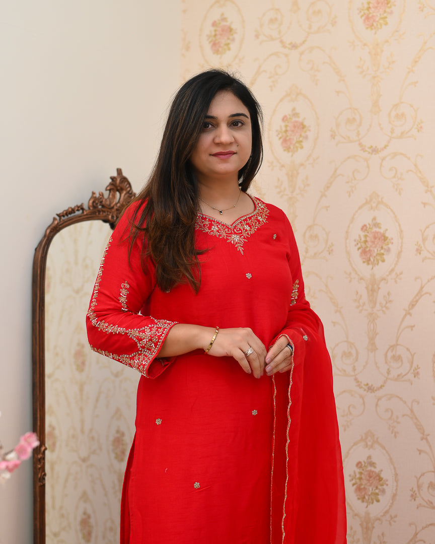 'Laila' Silk Hand Embroidered Pant Set - The Jaipur Studio