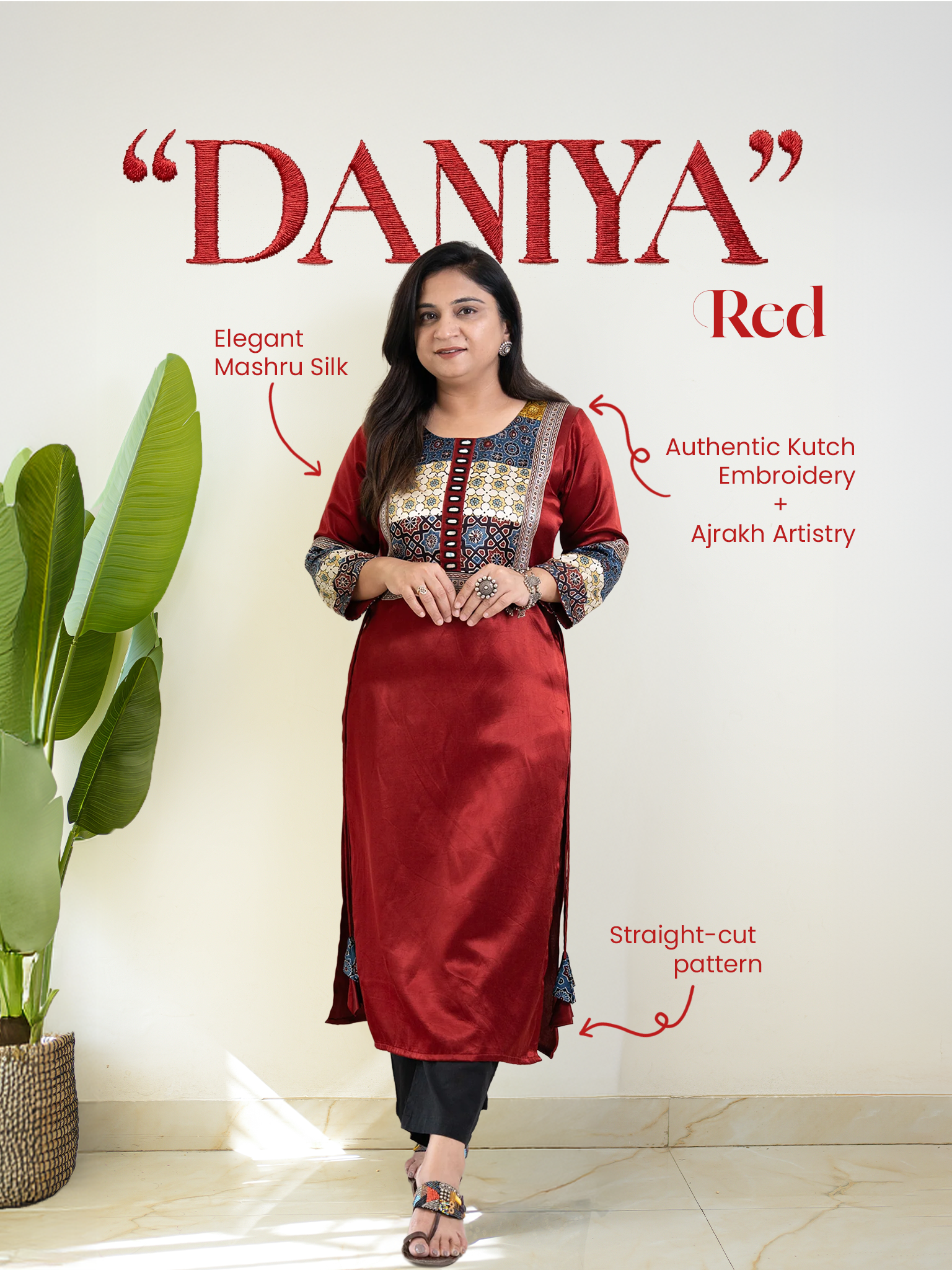 Daniya Red Mashru Silk Ajrakh Embroidered Kurta