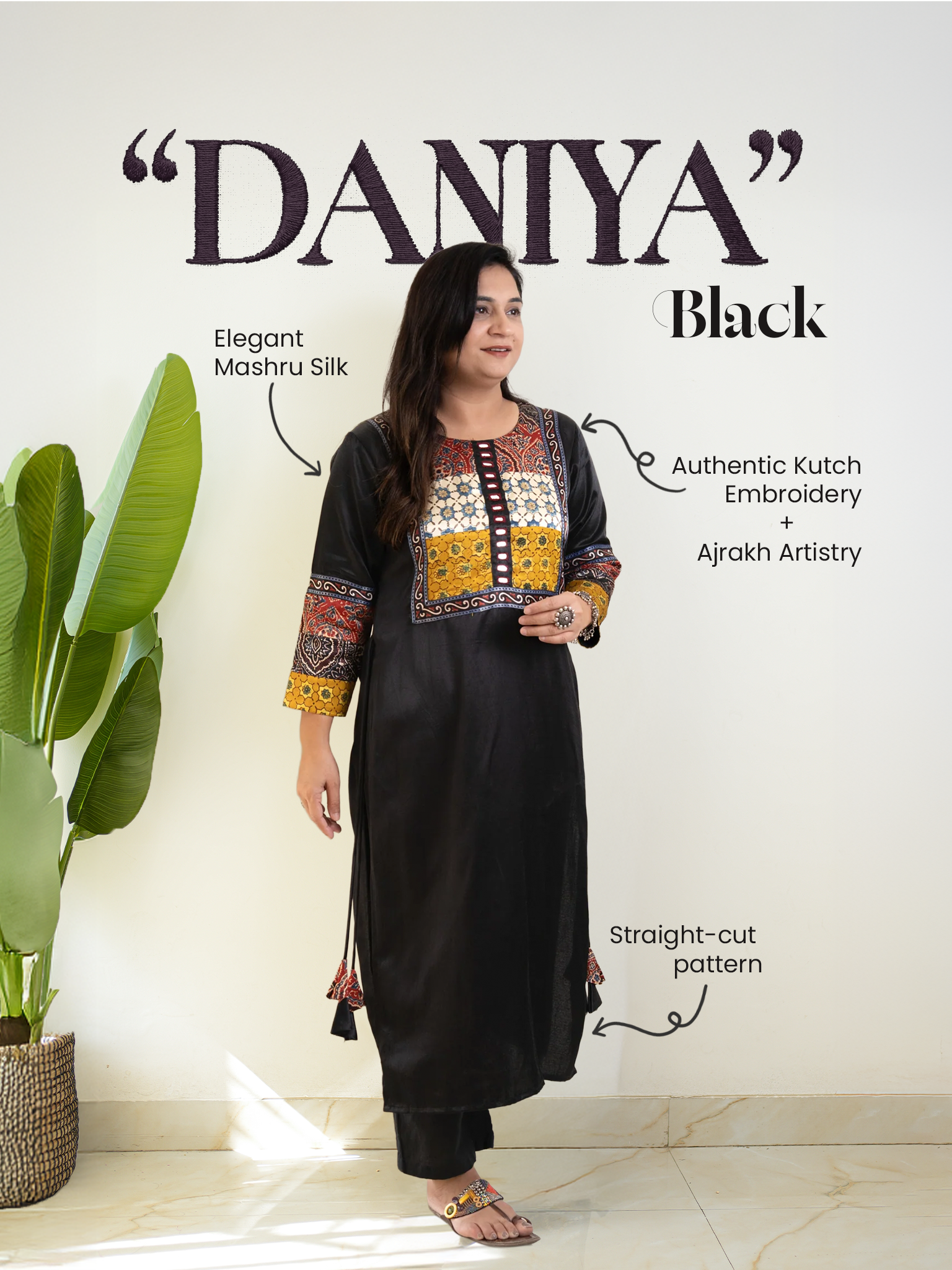 Daniya Black Mashru Silk Ajrakh Embroidered Kurta