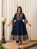 Savina Blue Cotton HanEmbroidered Anarkali Dupatta Set