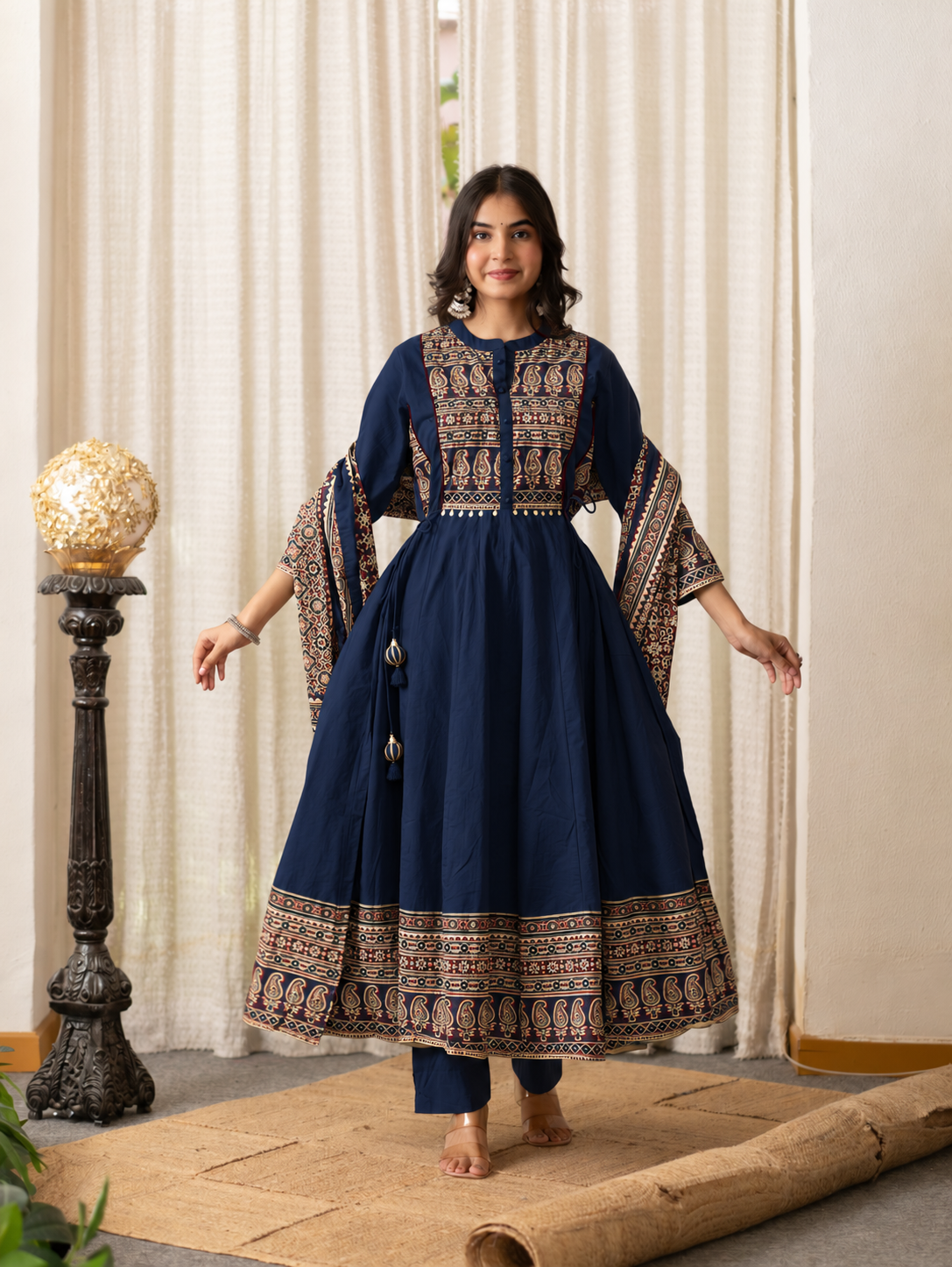 Savina Blue Cotton HanEmbroidered Anarkali Dupatta Set