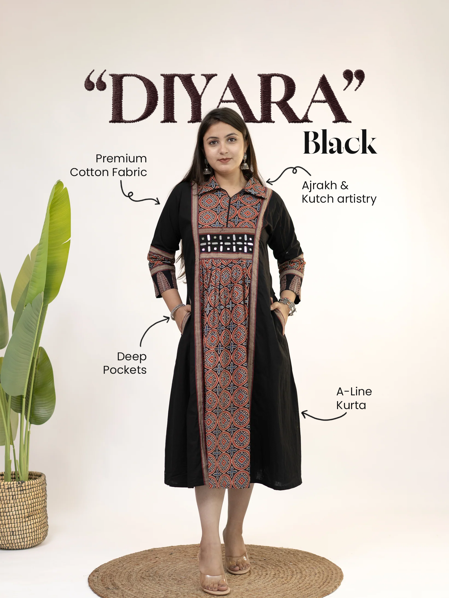 Diyara Black Cotton Ajrakh Kutch Embroidered A-line Kurta