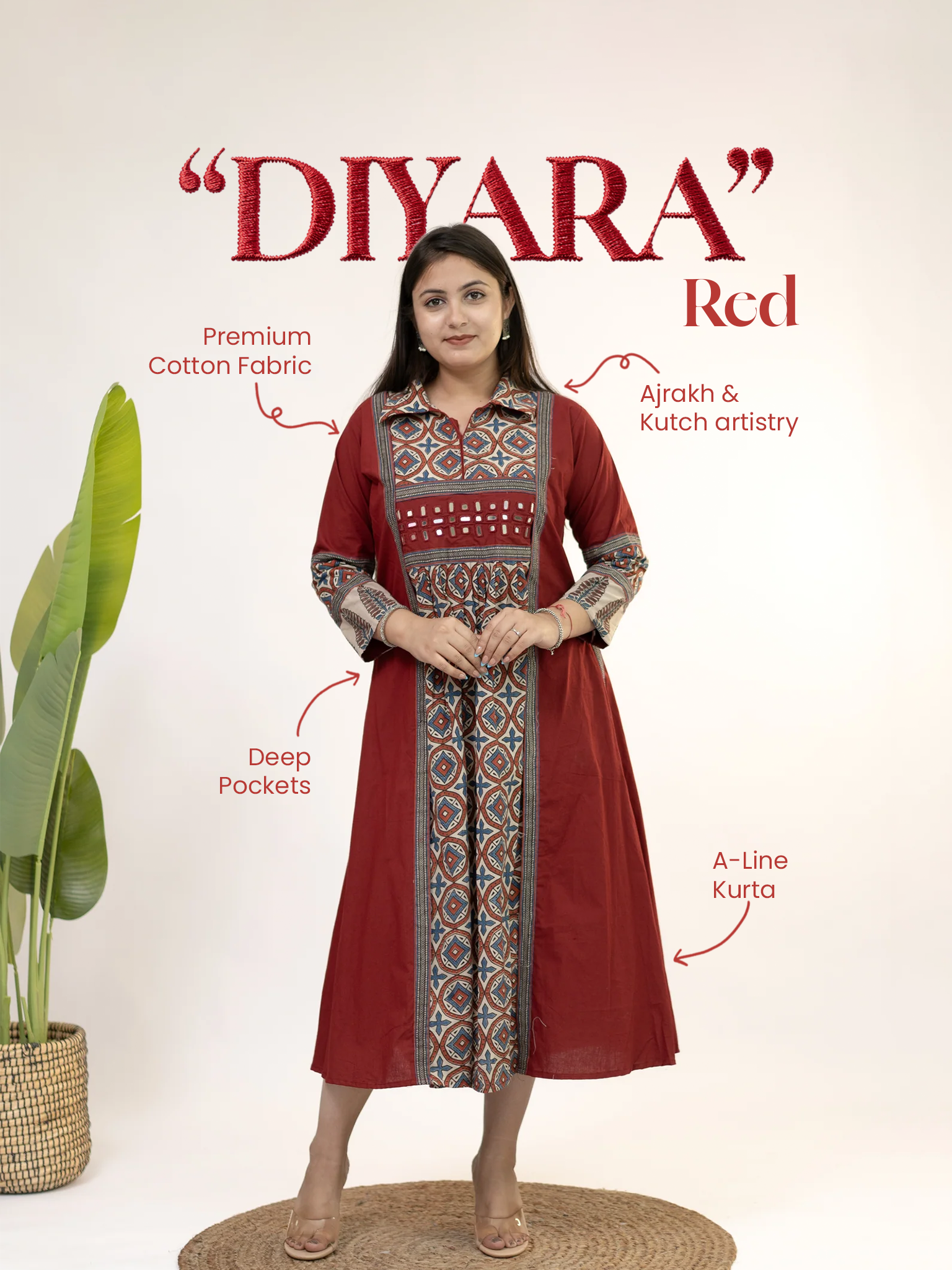 Diyara Red Cotton Ajrakh Kutch Embroidered A-line Kurta