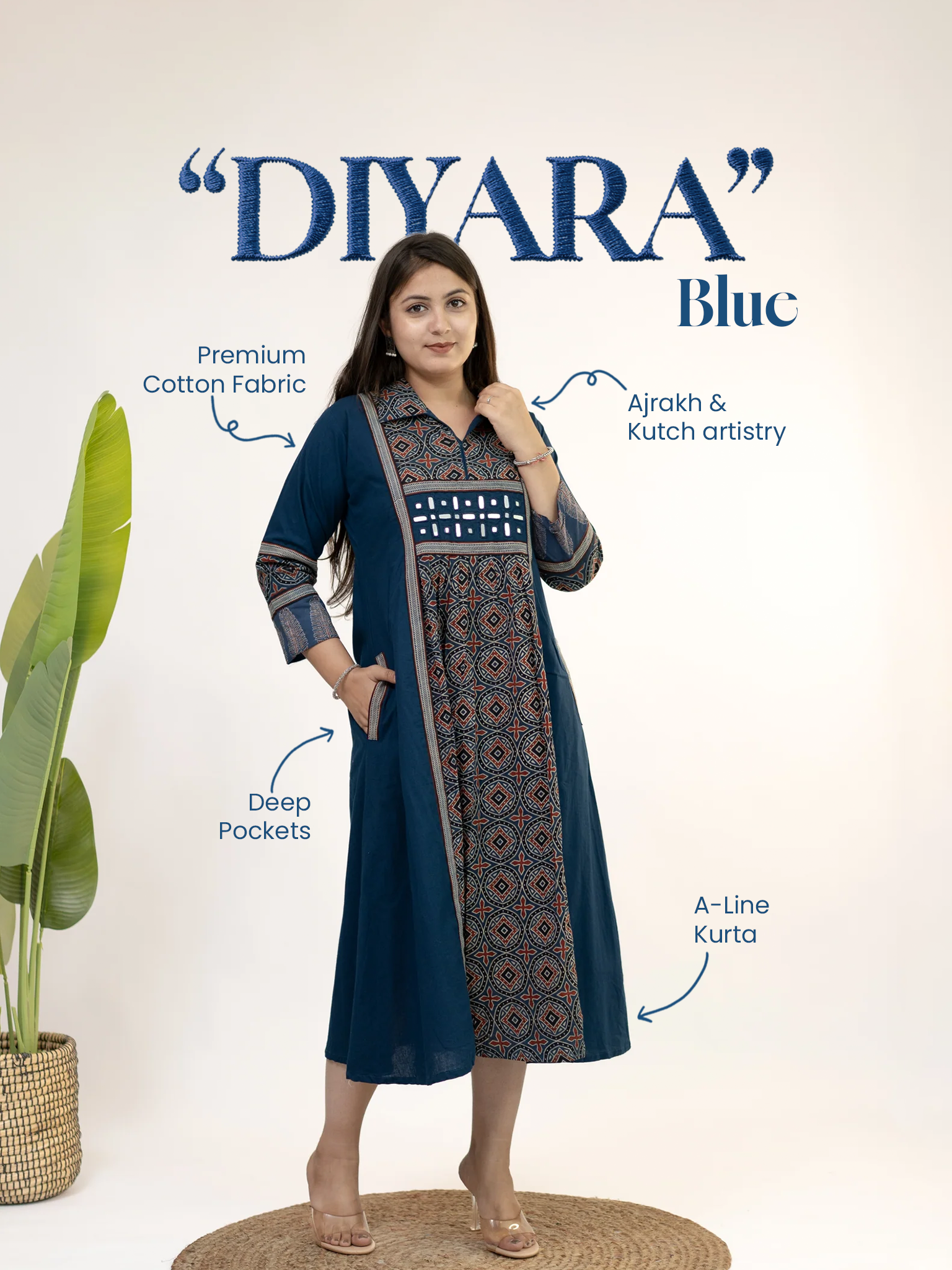 Diyara Blue Cotton Ajrakh Kutch Embroidered A-line Kurta
