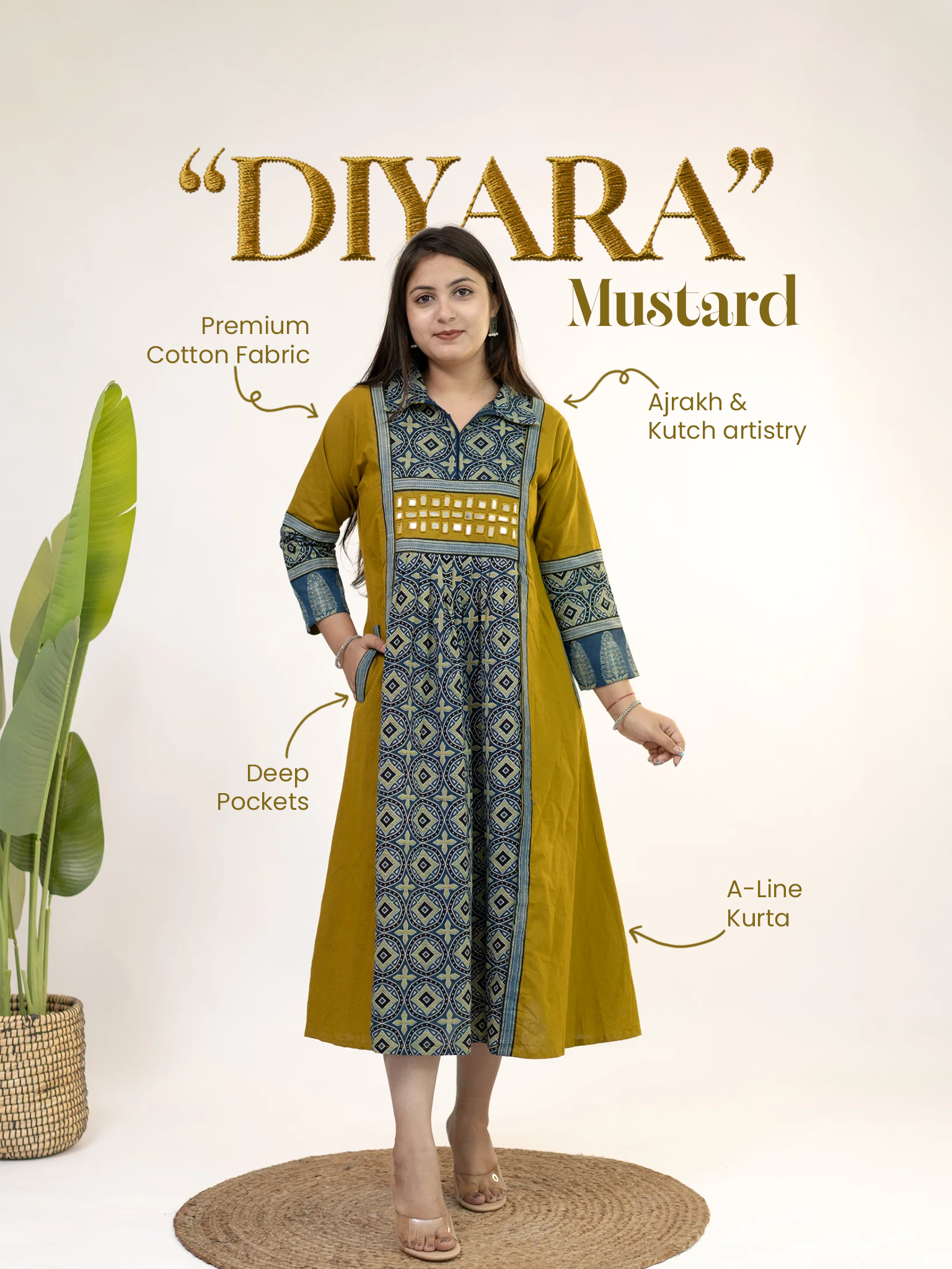 Diyara Mustard Cotton Ajrakh Kutch Embroidered A-line Kurta