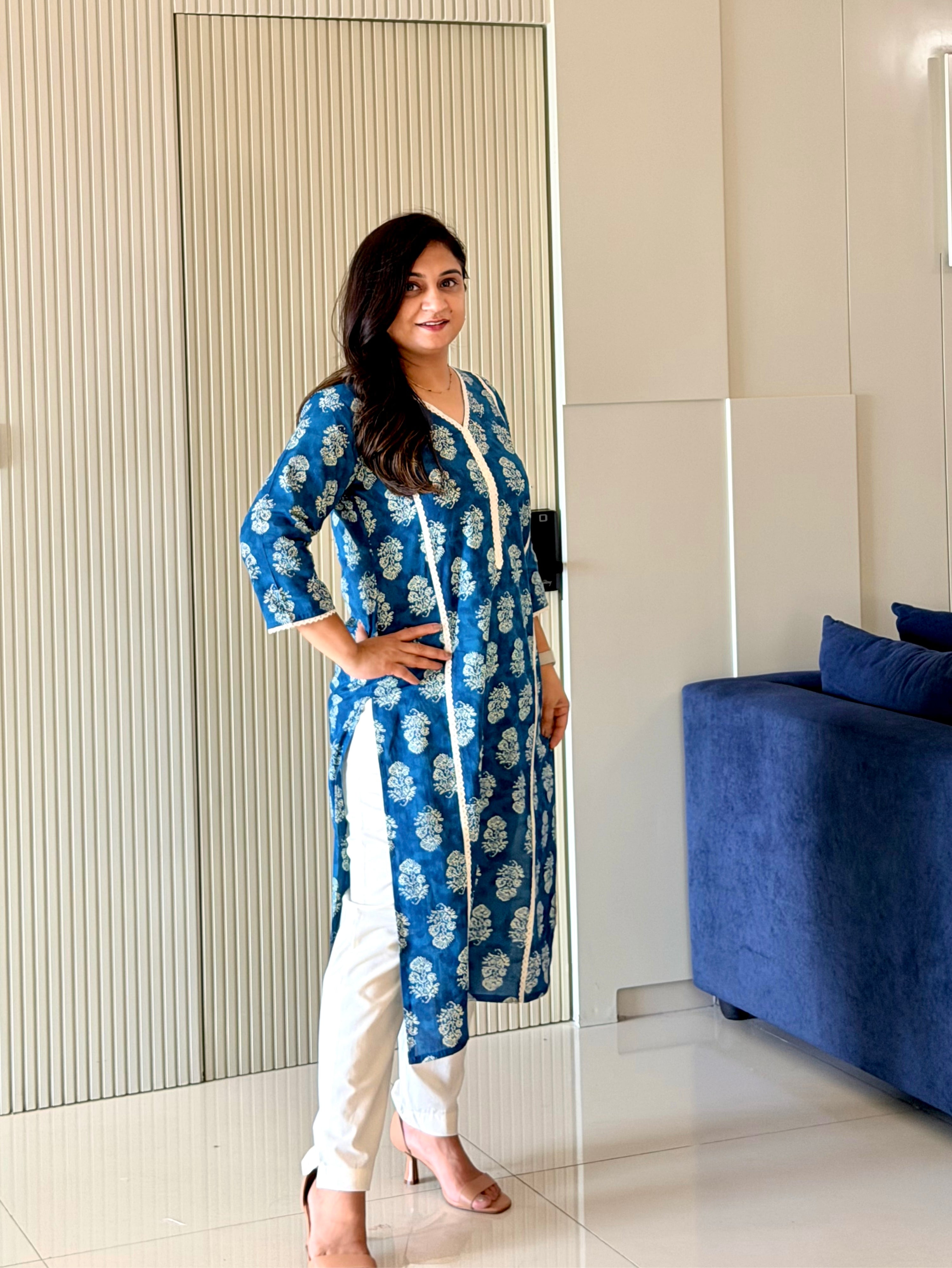 Fariha Deep Blue Cotton Floral Casual Straight Kurta