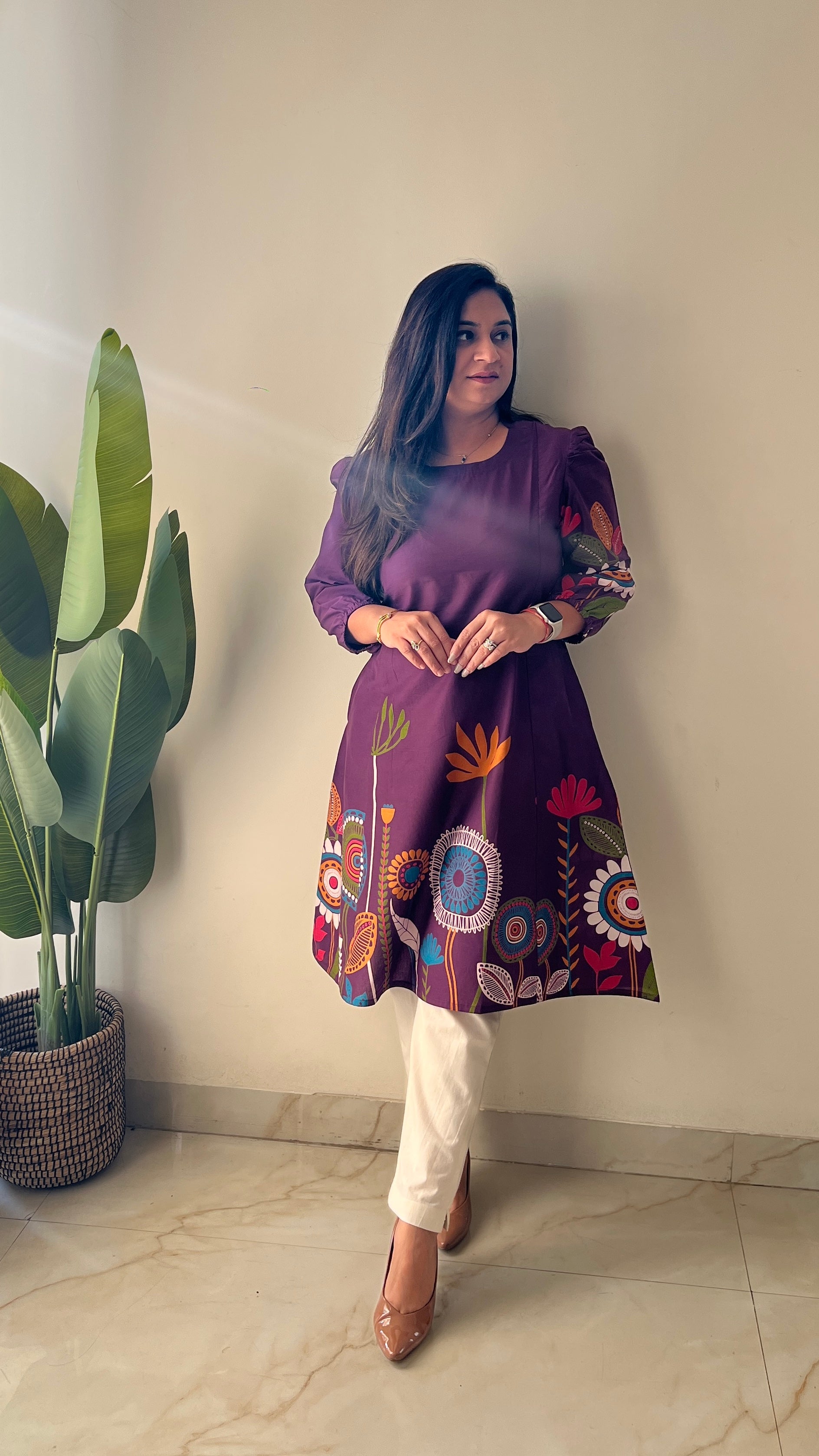 Purple Cotton Floral A-line Kurta