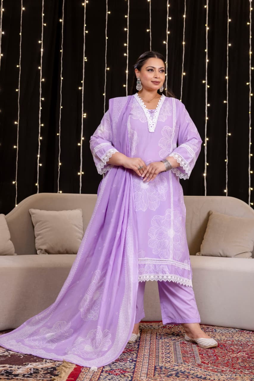 Tuba Lavender Cotton Lace Deatailed Straight Dupatta Set