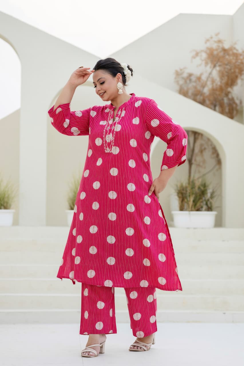 Tanisha Pink Polka Embroidered A-line Kurta Set