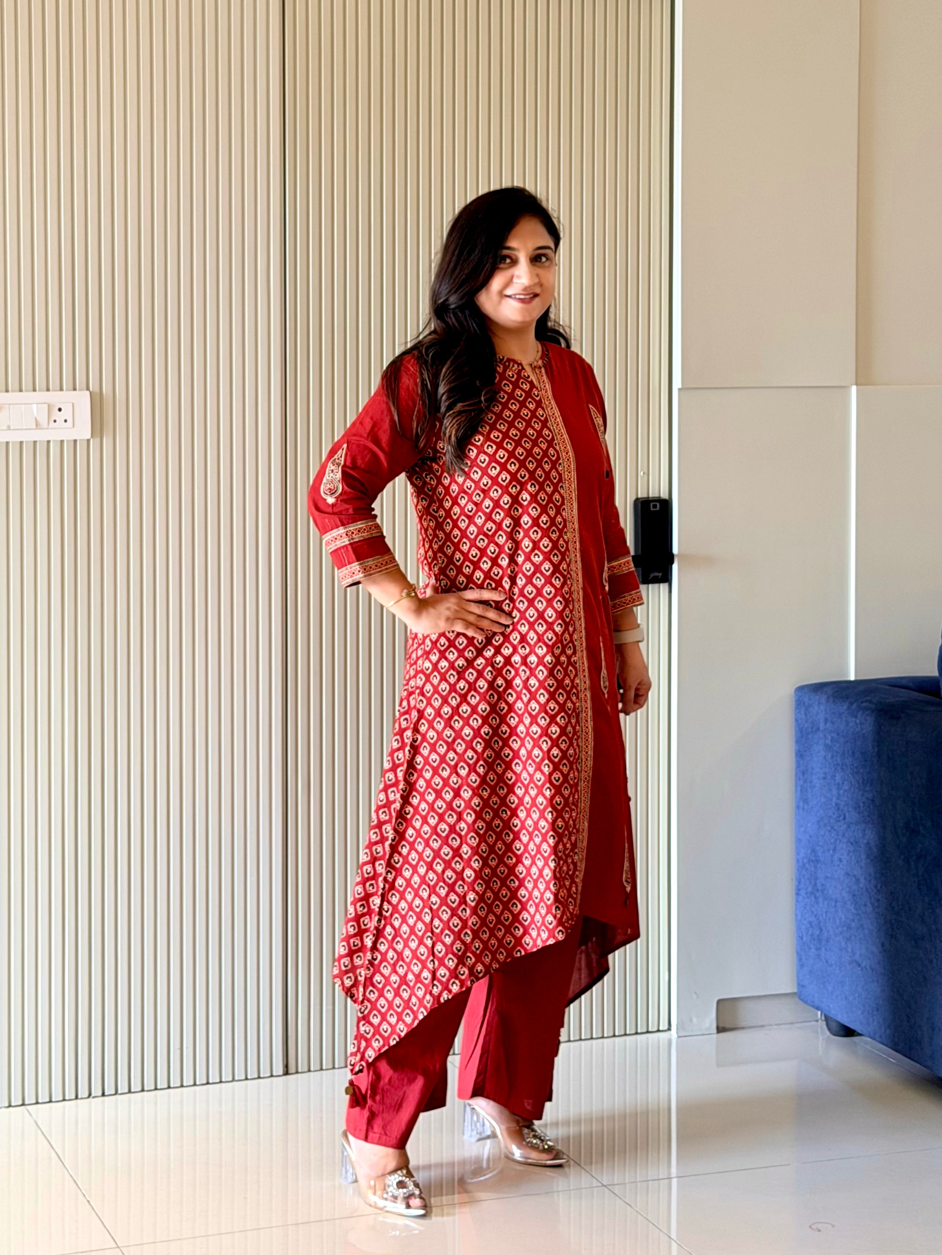 Laila Maroon Cotton Asymmetric Ajrakh Kurta Set