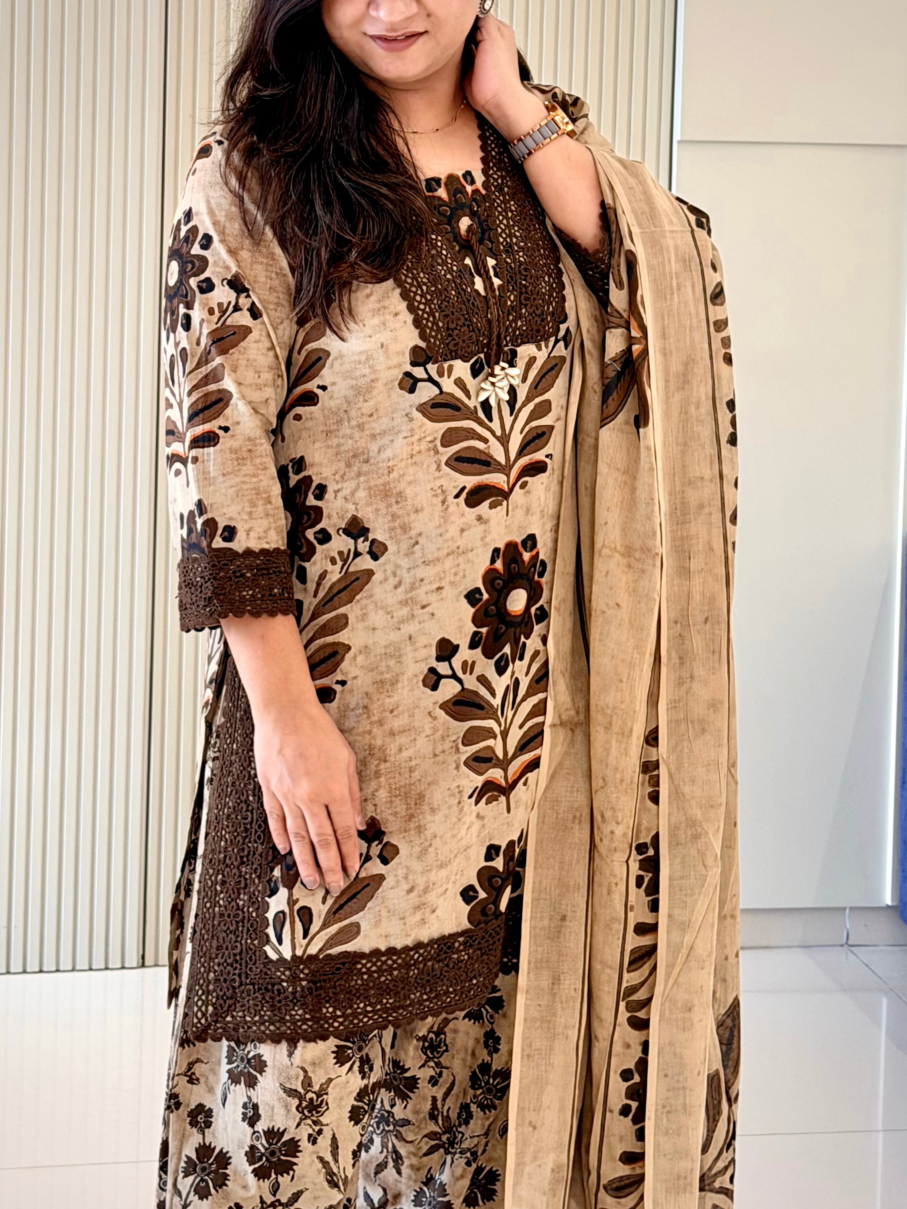 Varusha Brown Cotton Floral Farshi Dupatta Set