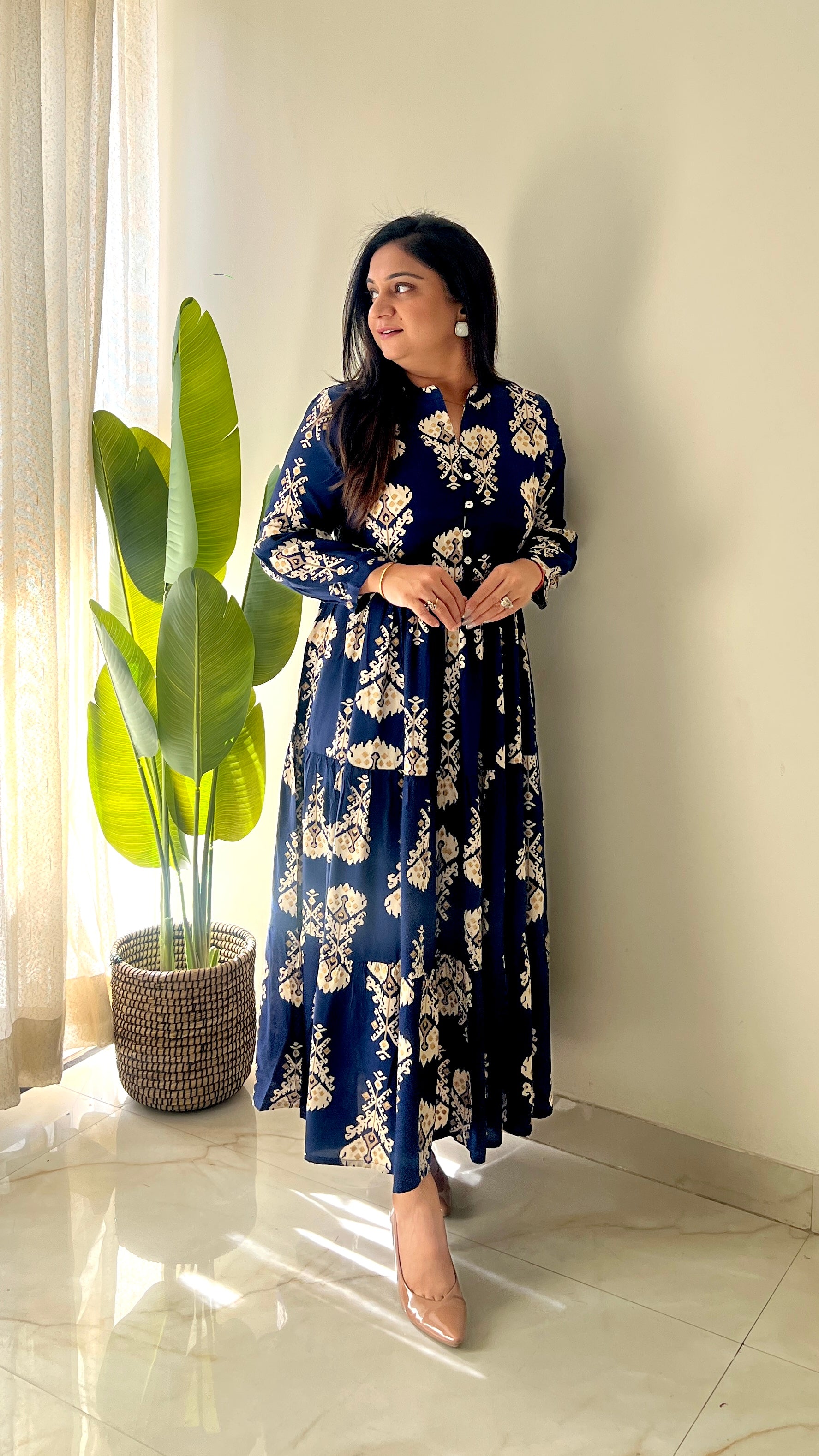 Sarfa Blue Crystal Muslin Casual Long Dress