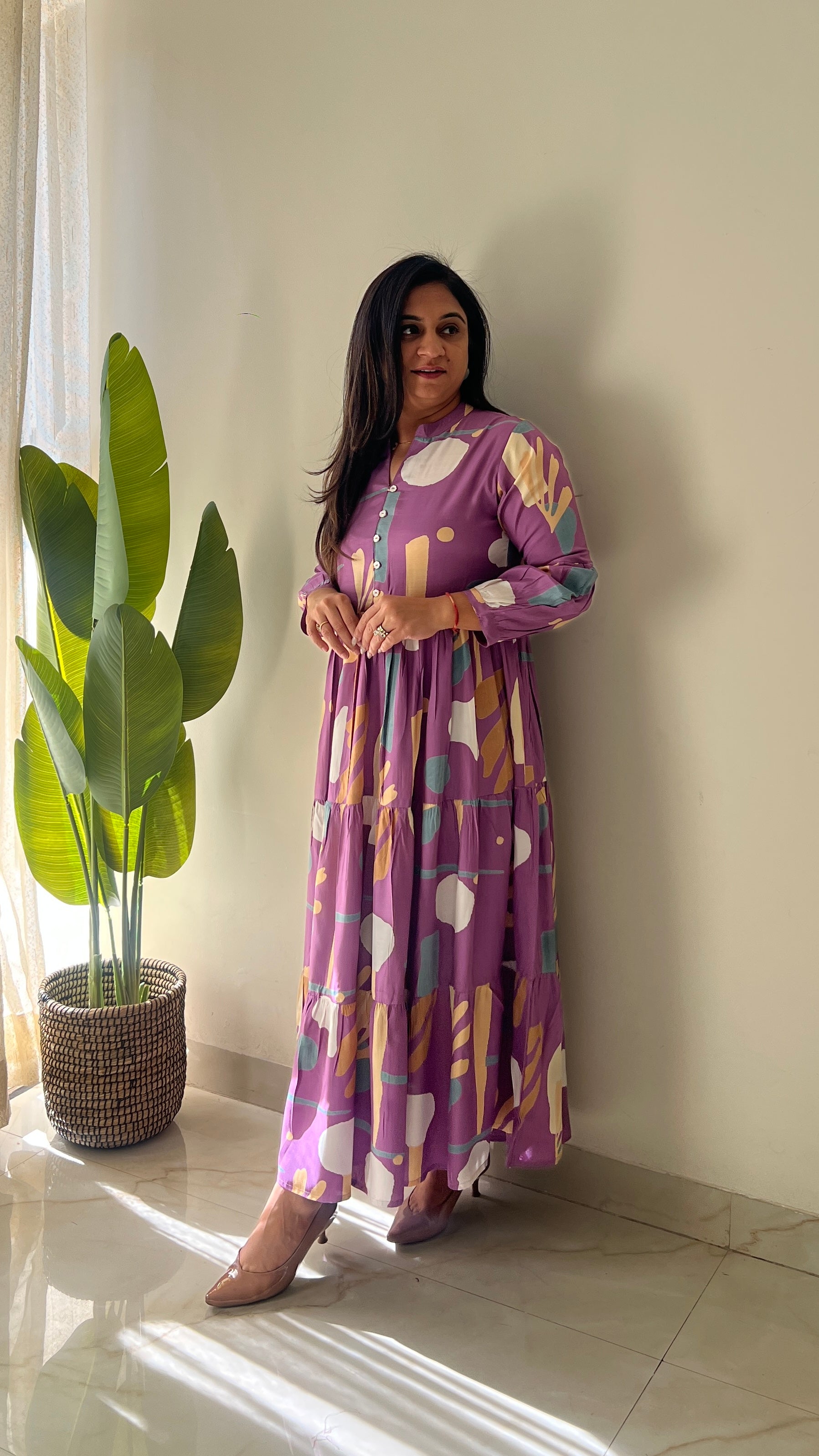 Sarfa Lilac Crystal Muslin Casual Long Dress