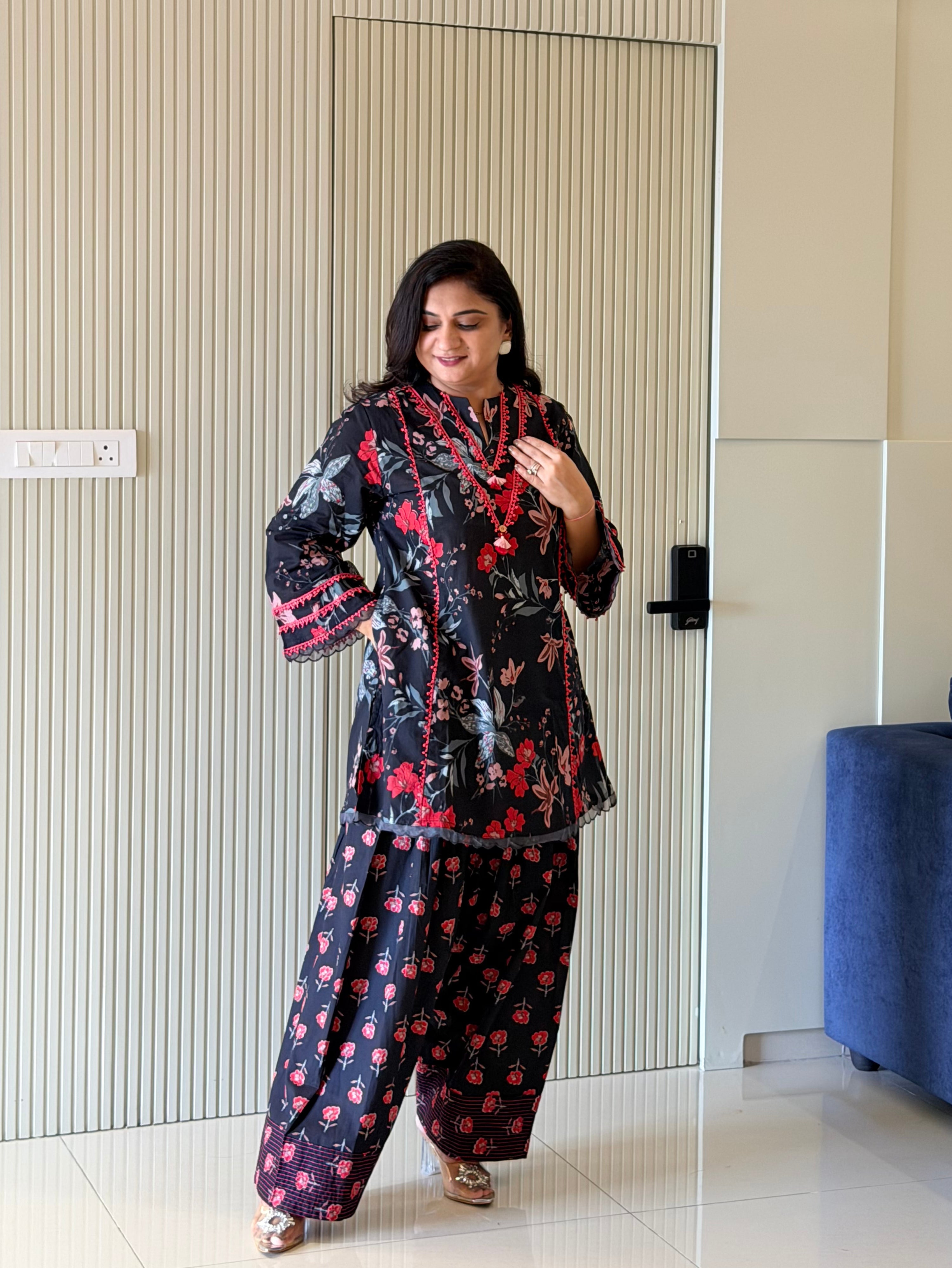 Zubeda Black Cotton Floral A-line Farshi Coord Set