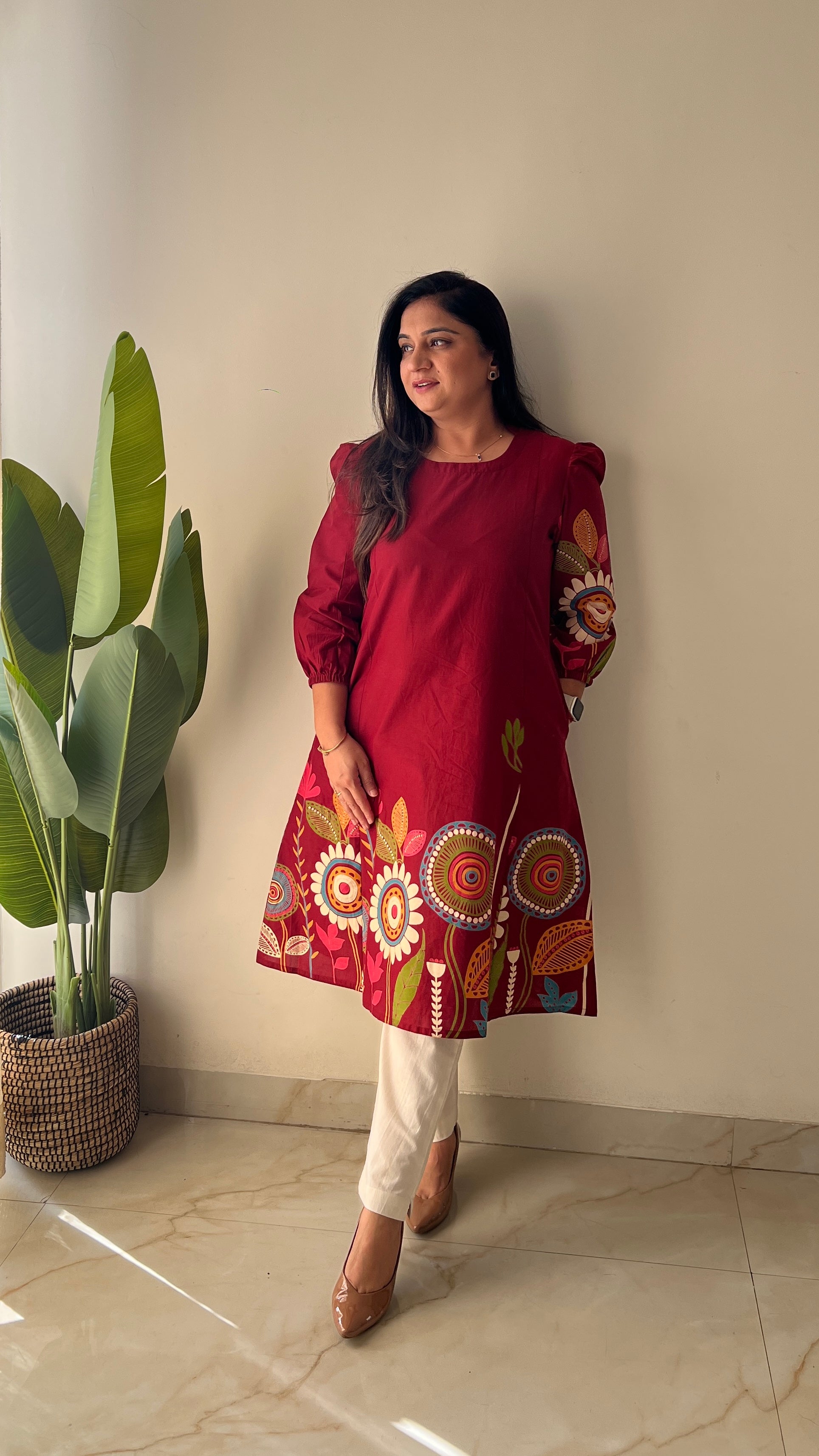Red Cotton Floral A-line Kurta