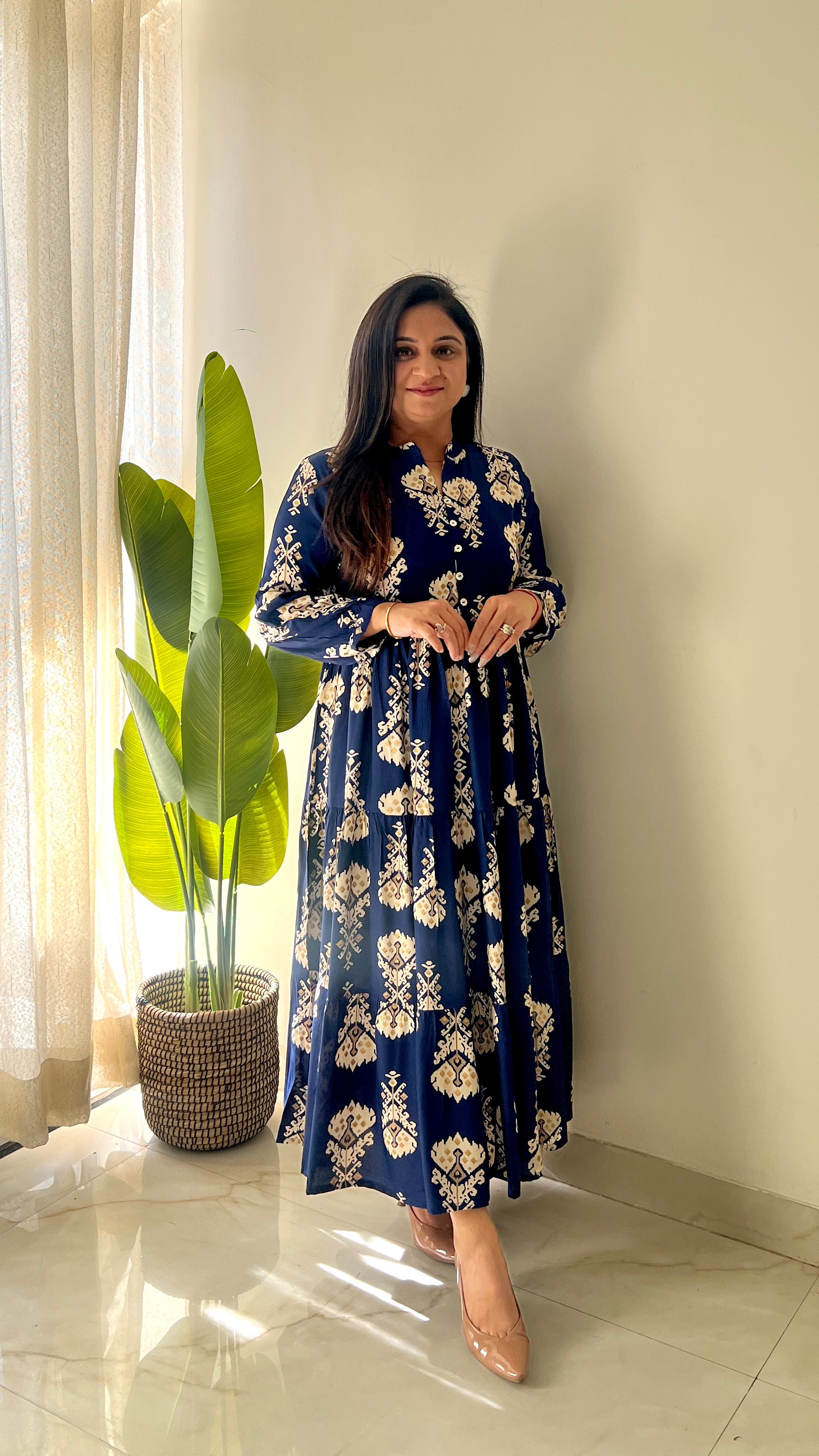 Sarfa Blue Crystal Muslin Casual Long Dress