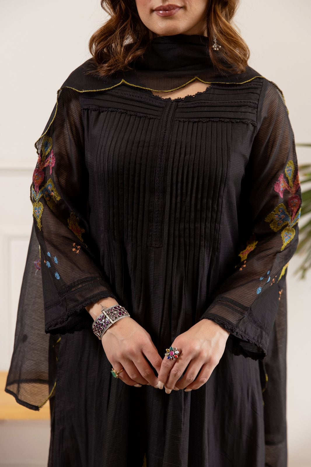 Zina Black Net Chanderi Embroidered Anarkali Set