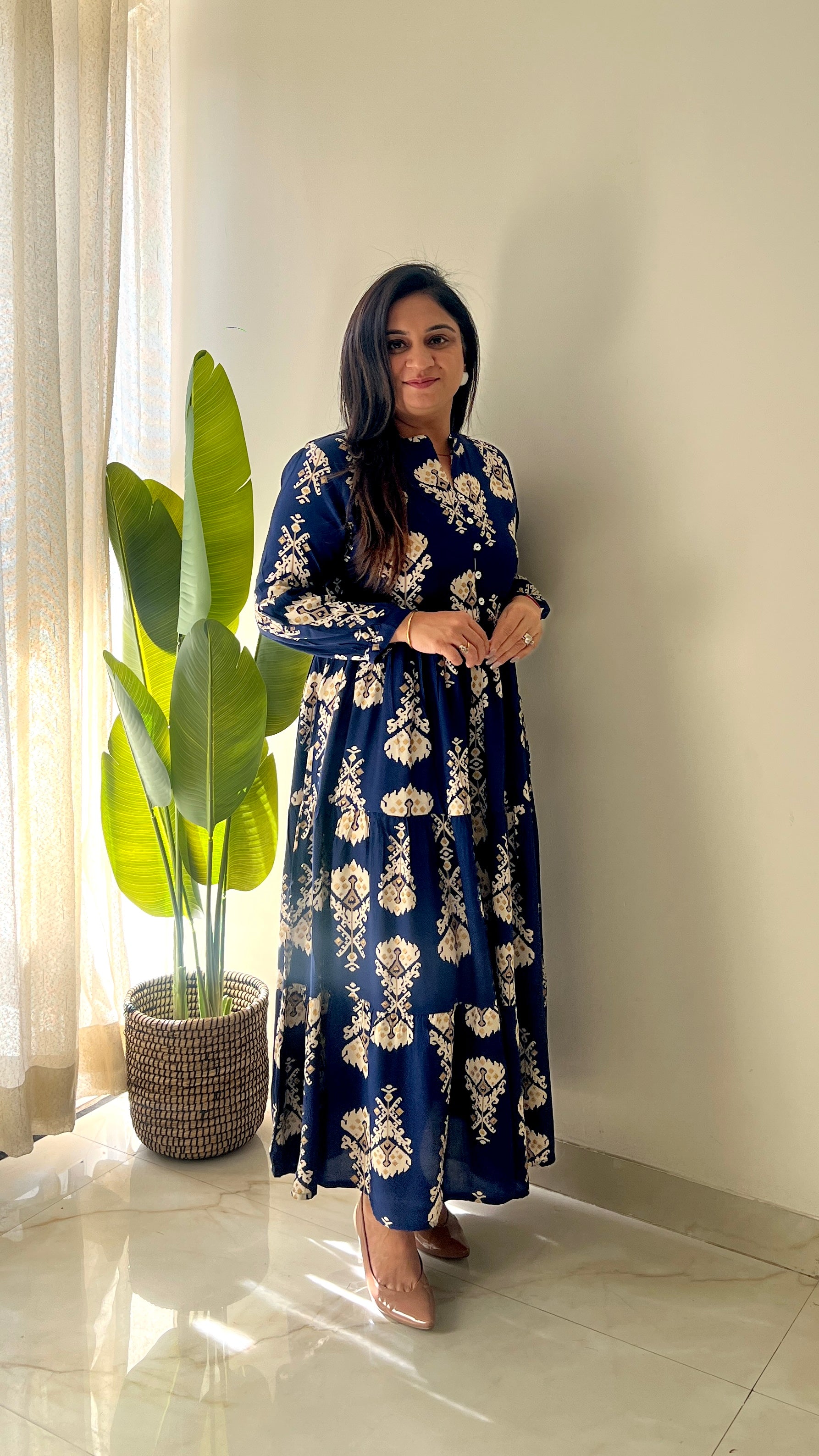 Sarfa Blue Crystal Muslin Casual Long Dress