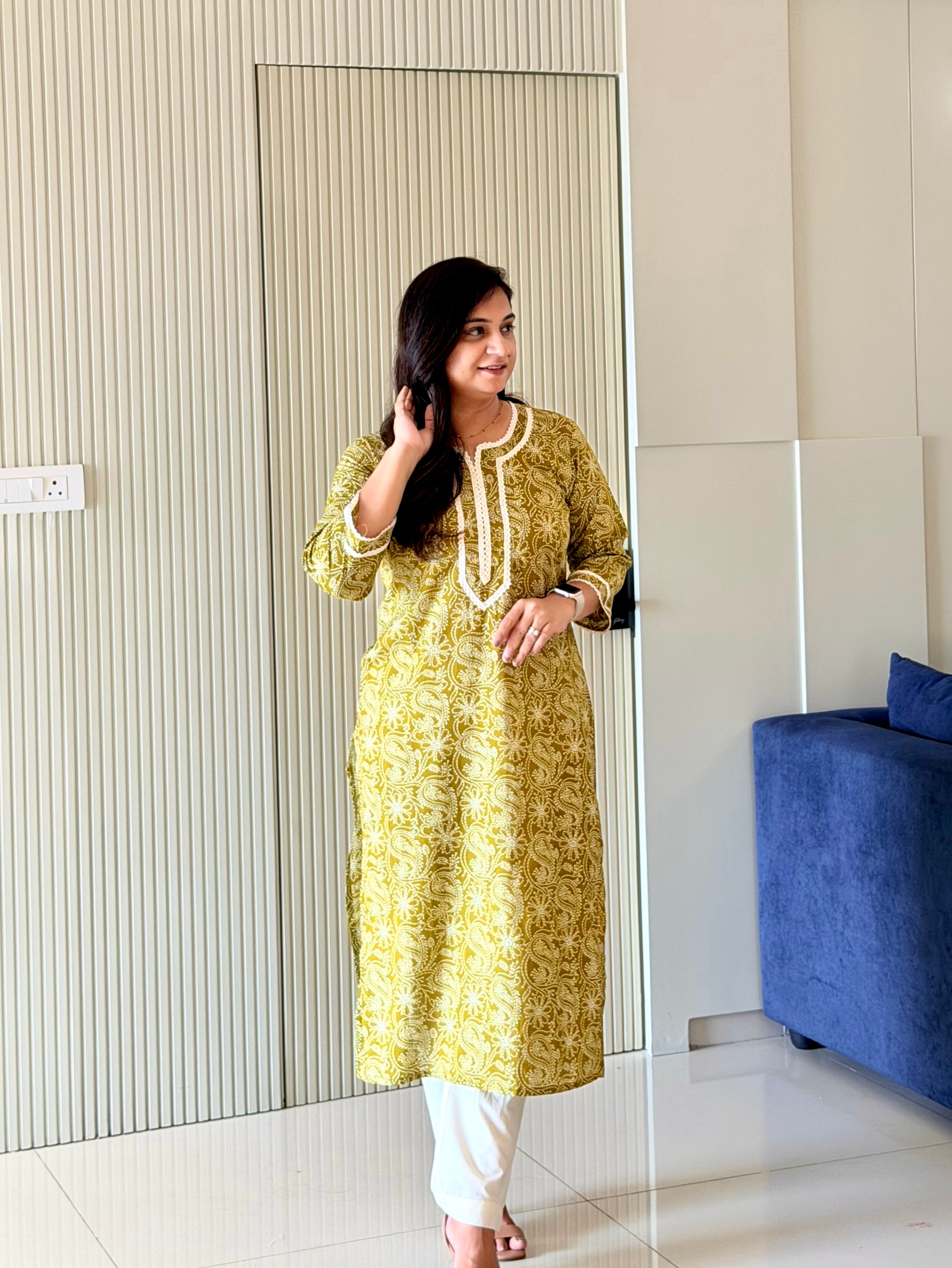 Fariha Green Cotton Floral Casual Straight Kurta