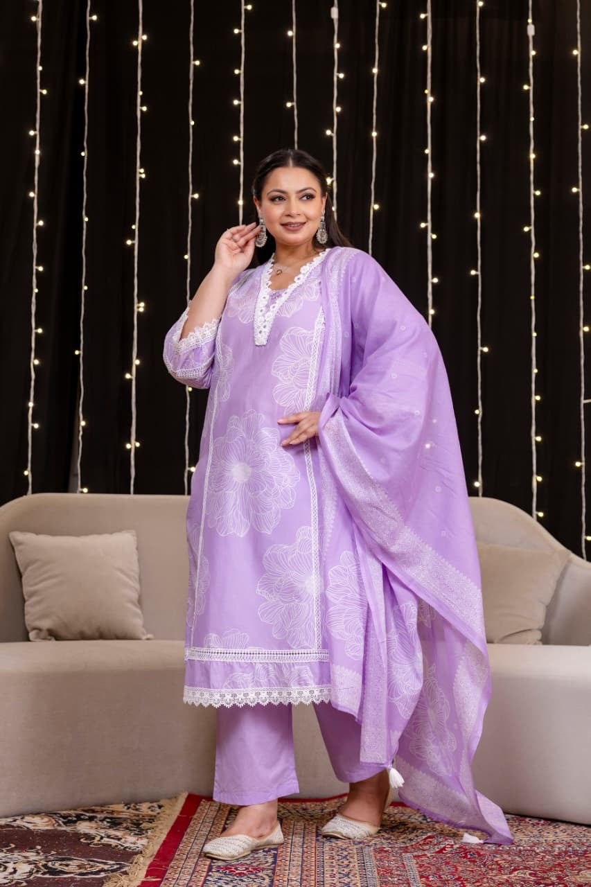 Tuba Lavender Cotton Lace Deatailed Straight Dupatta Set