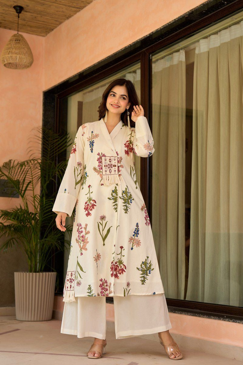 Zerina Cotton Angrakha Hand Detailed Cotton Pant Set - The Jaipur Studio