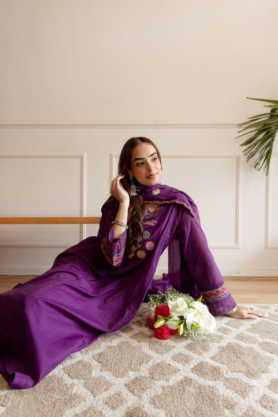Zola Purple Net Chanderi Embroidered Anarkali Set