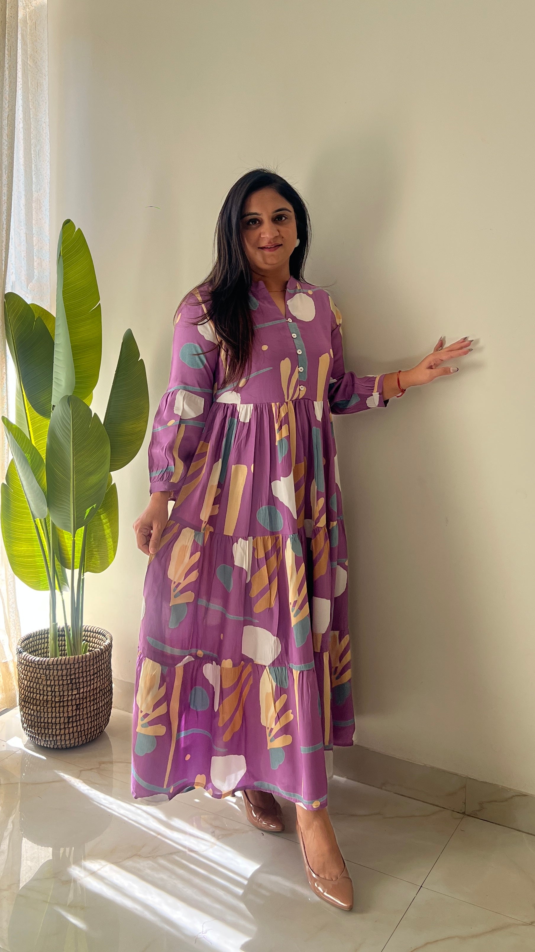 Sarfa Lilac Crystal Muslin Casual Long Dress