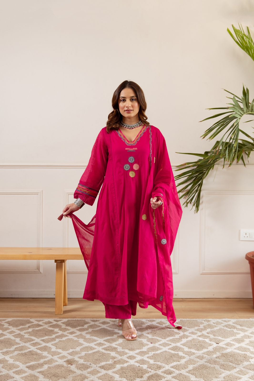 Zola Pink Net Chanderi Embroidered Anarkali Set