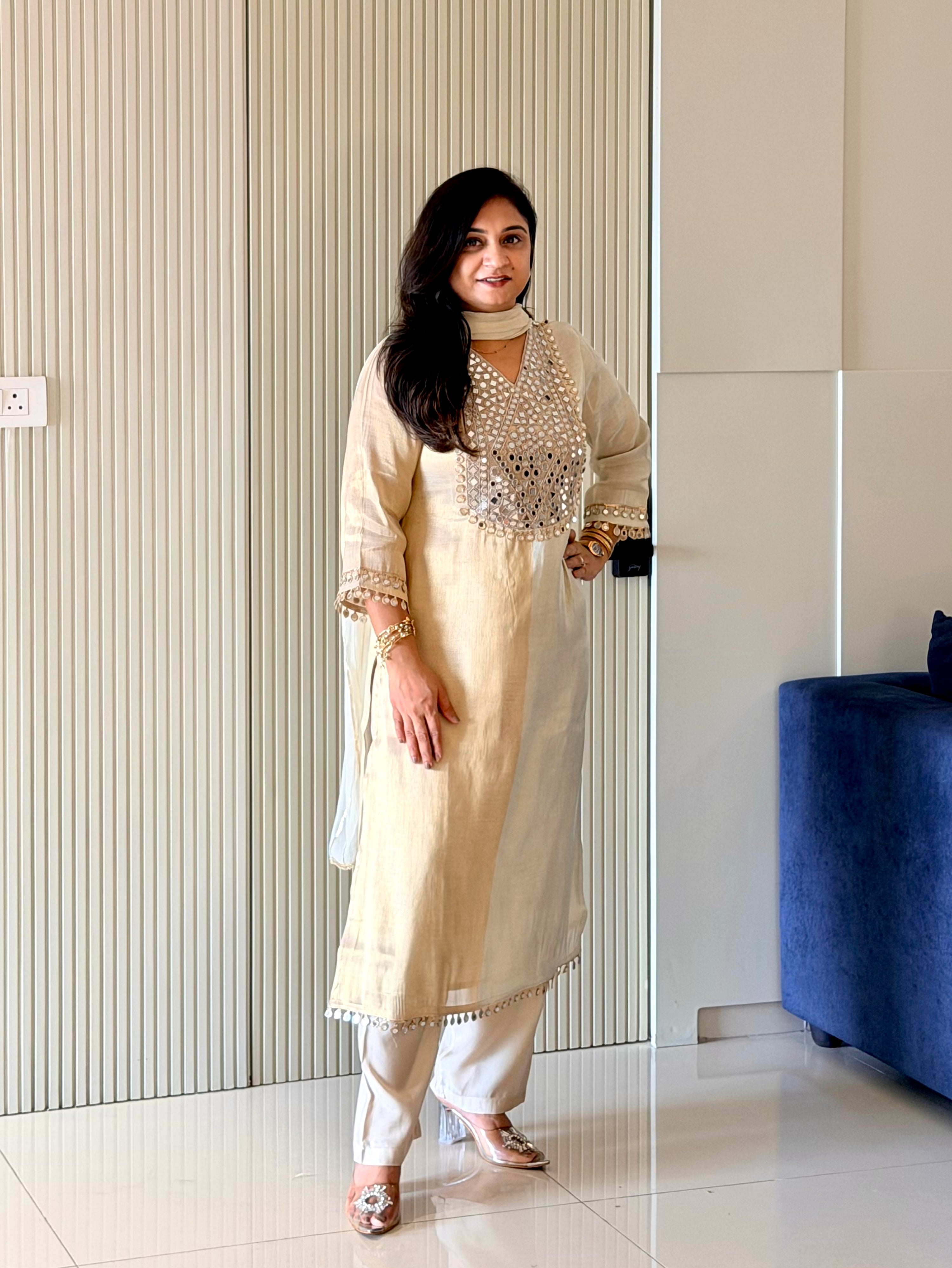 Tira Ivory Tissue Mirror Embroidered Dupatta Set