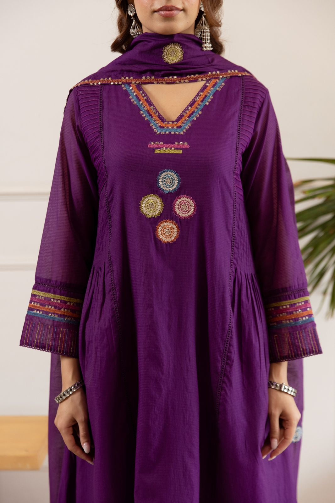 Zola Purple Net Chanderi Embroidered Anarkali Set