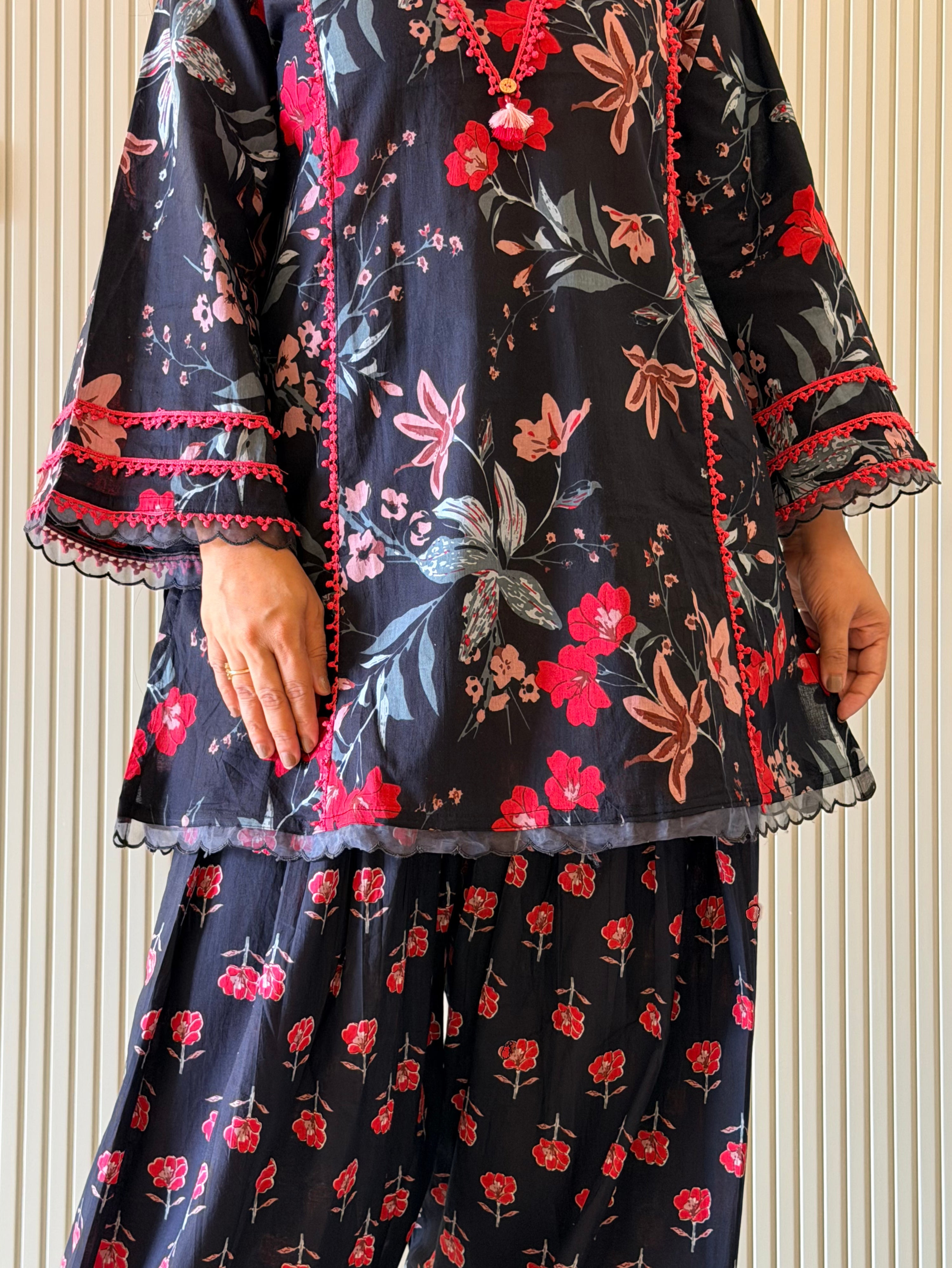 Zubeda Black Cotton Floral A-line Farshi Coord Set