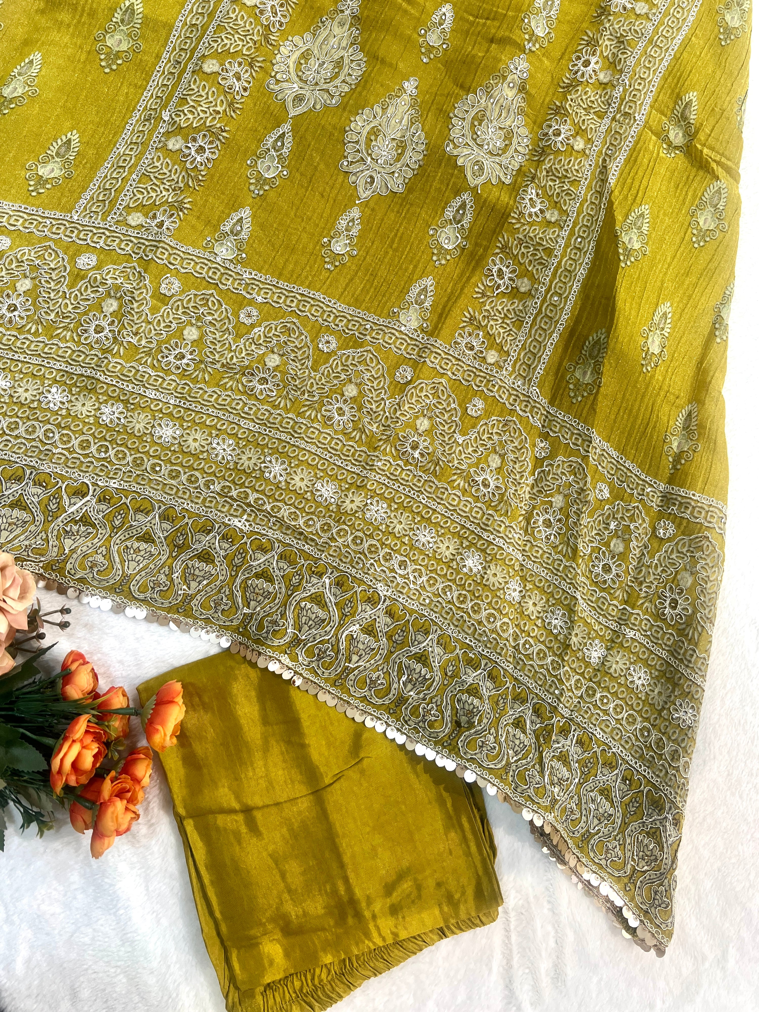 Nida Asymmetric Shimmer Tissue  Embroidered Pant Set