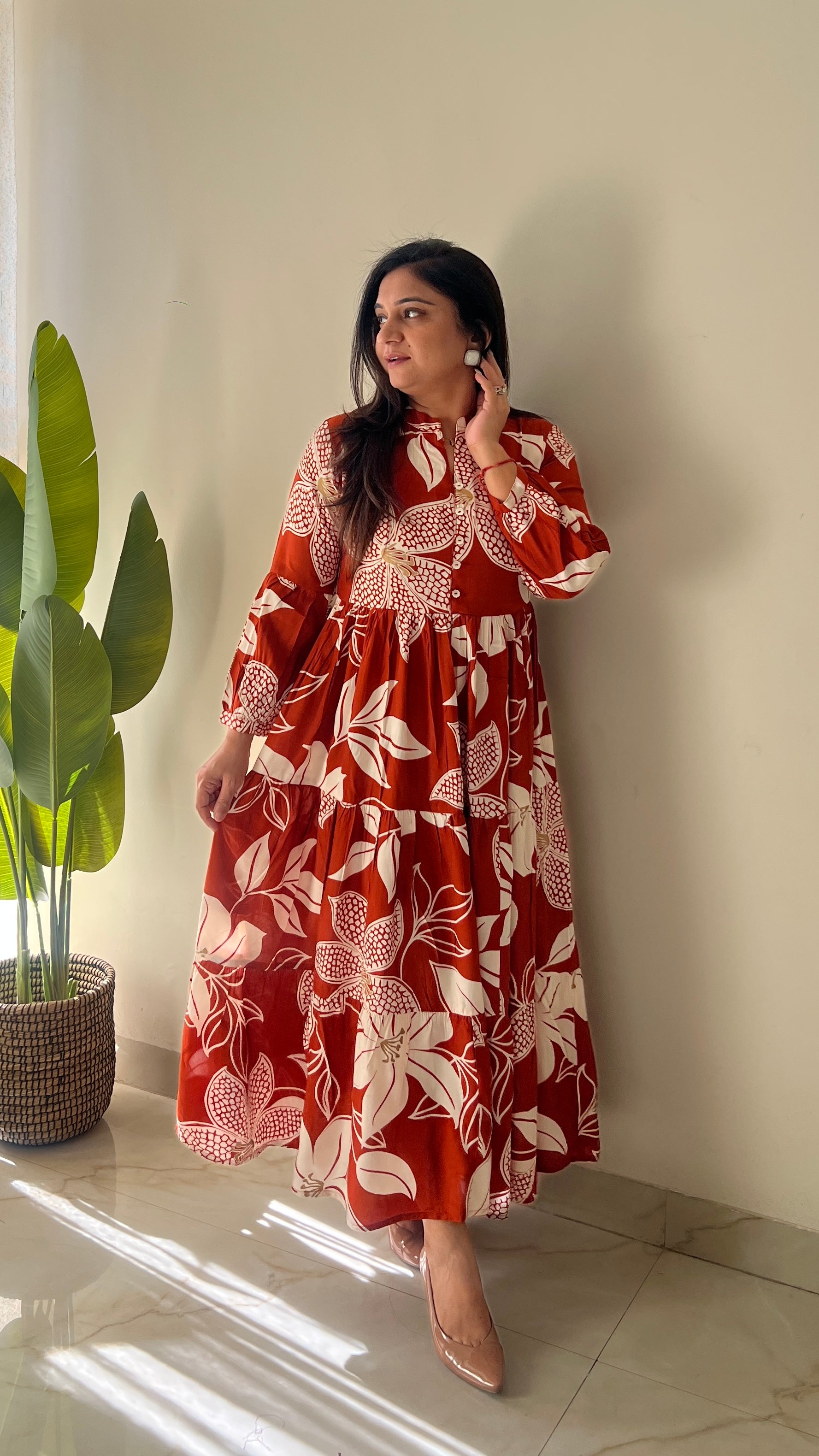 Sarfa Rust Crystal Muslin Casual Long Dress